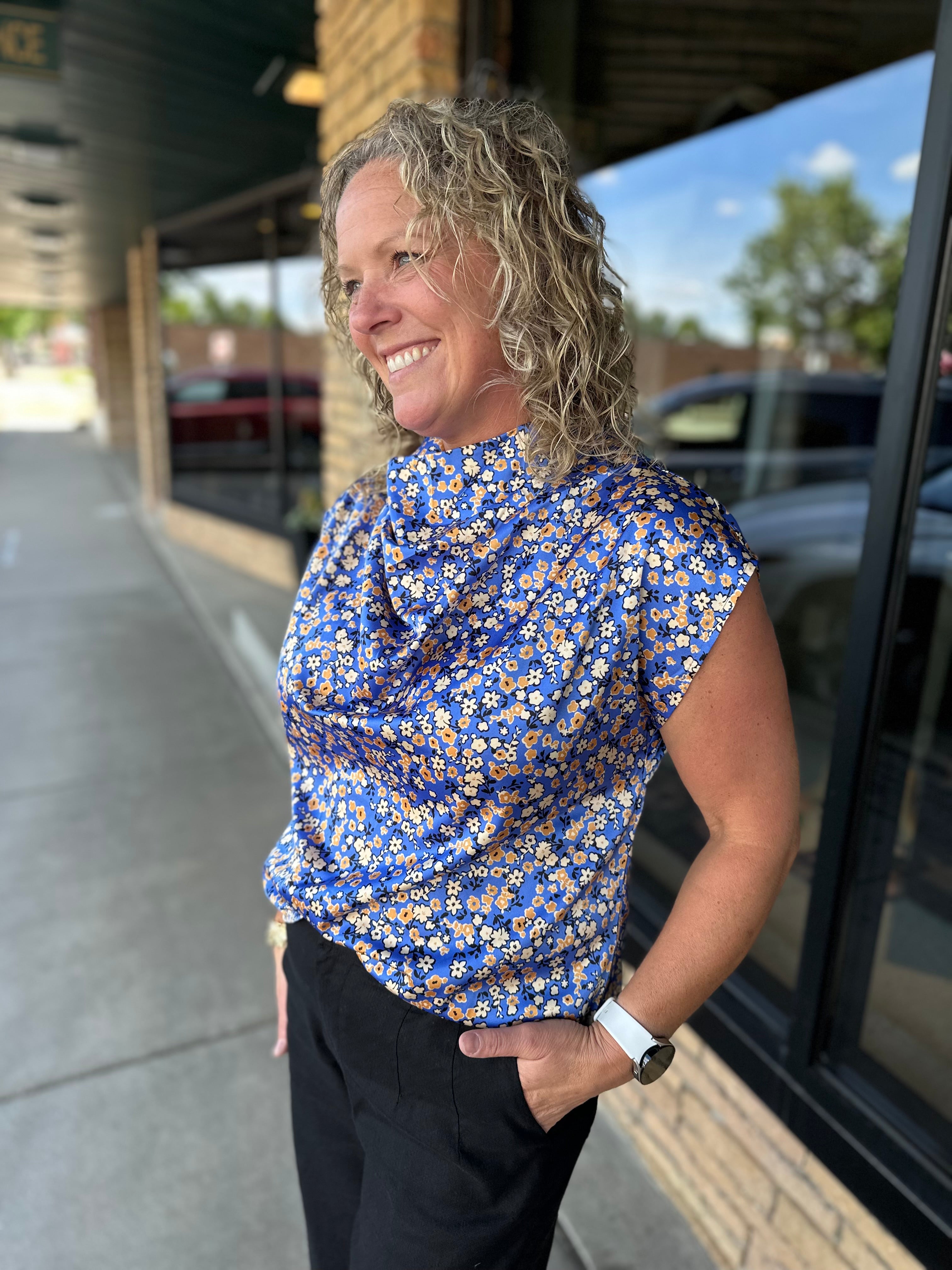 Blue Floral Sleeveless Top Tops- Blouses THML