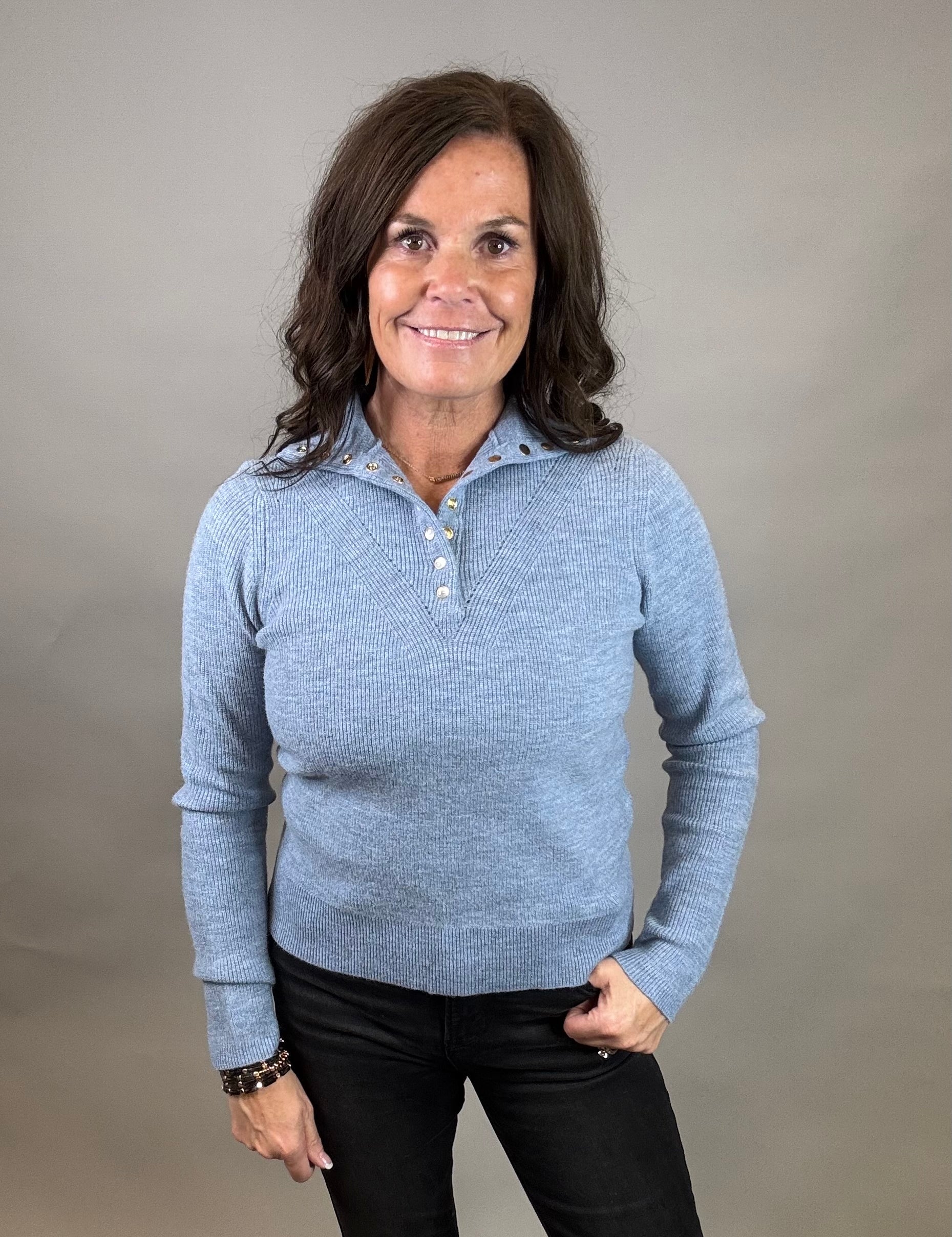 Blue Castleberry Mock Neck Sweater Top - Sweater FLAG AND ANTHEM