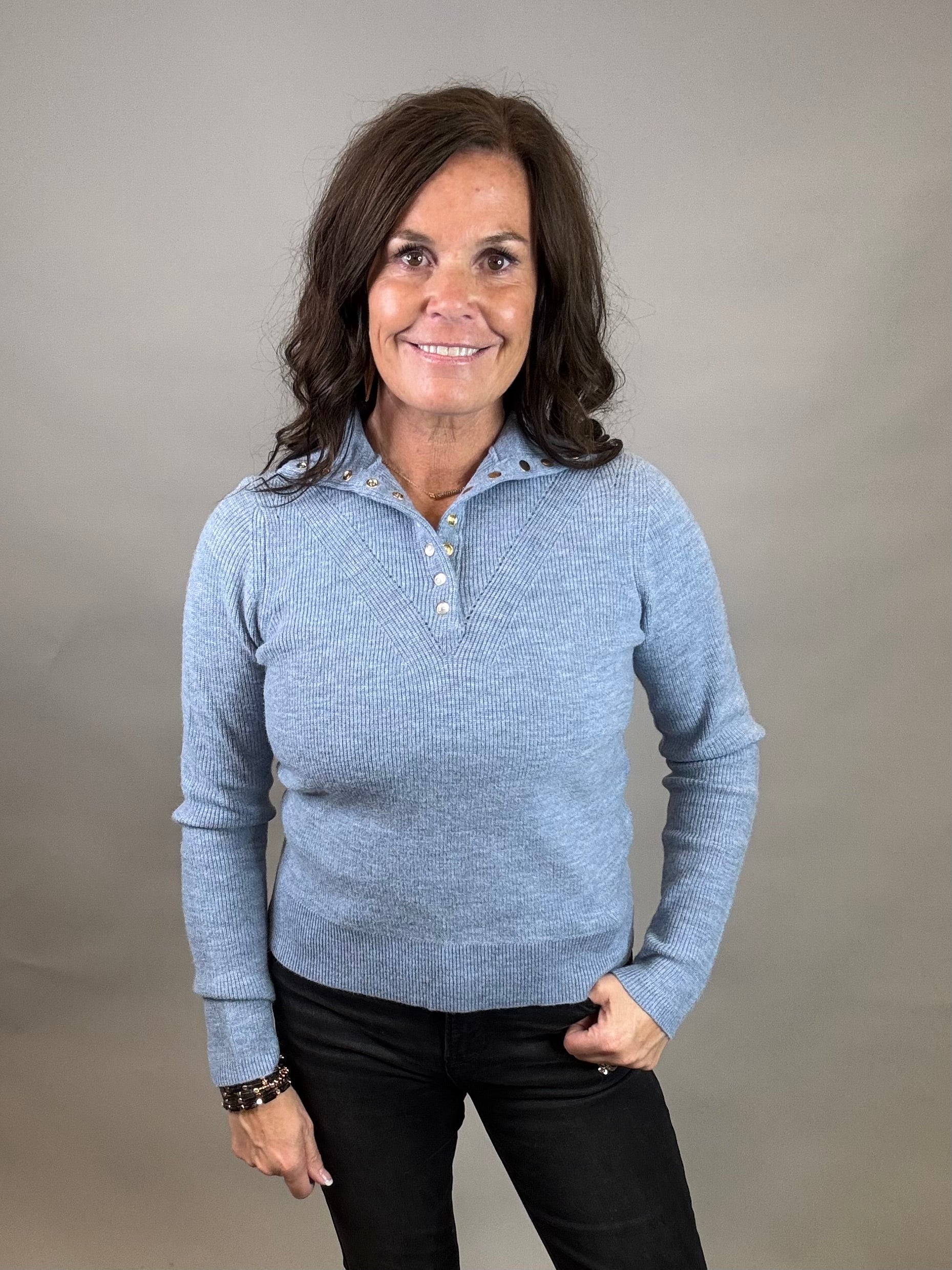 Blue Castleberry Mock Neck Sweater Top - Sweater FLAG AND ANTHEM