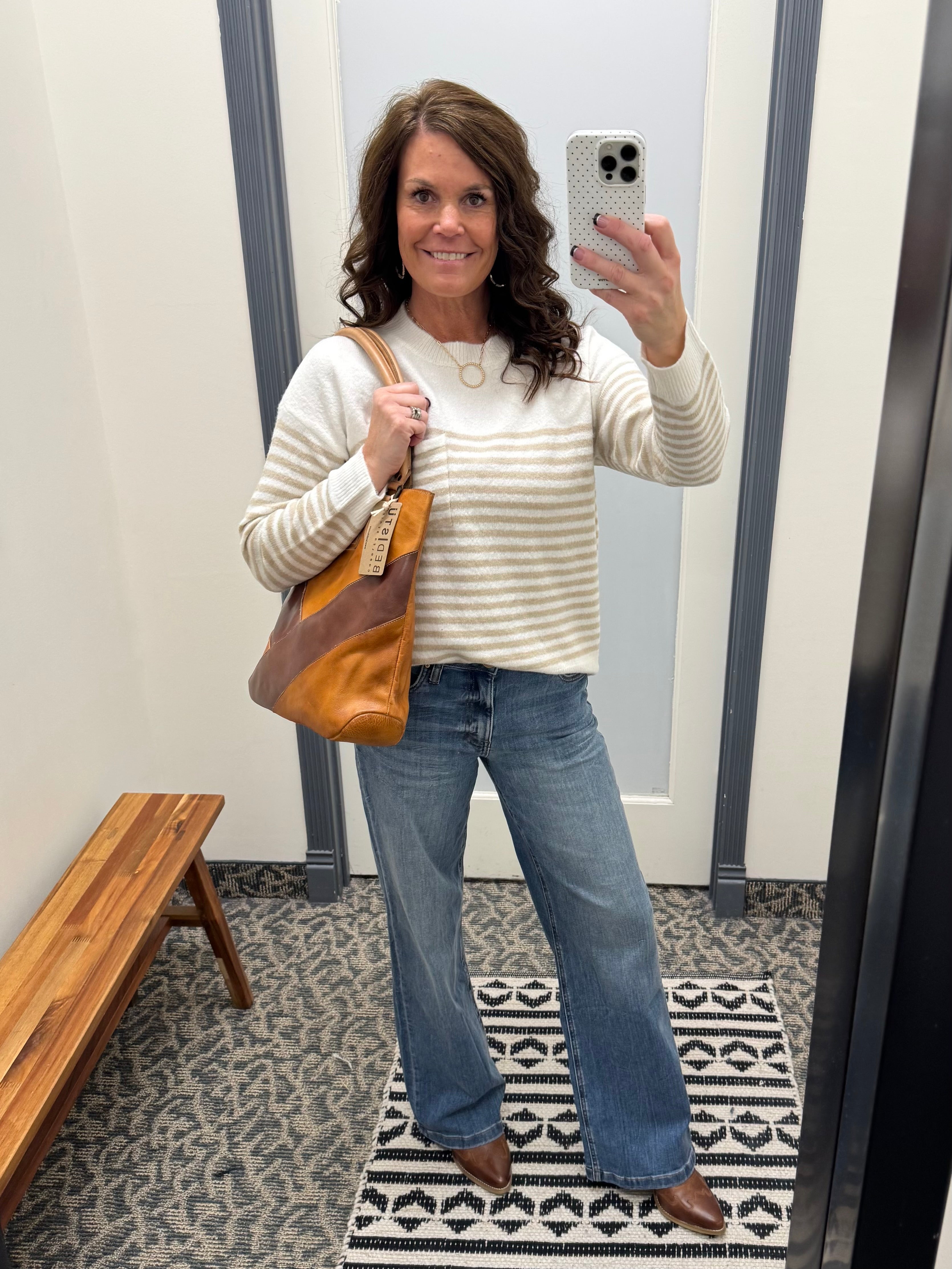 Creamy Oat Striped Pocket Sweater Top - Sweater STACCATO