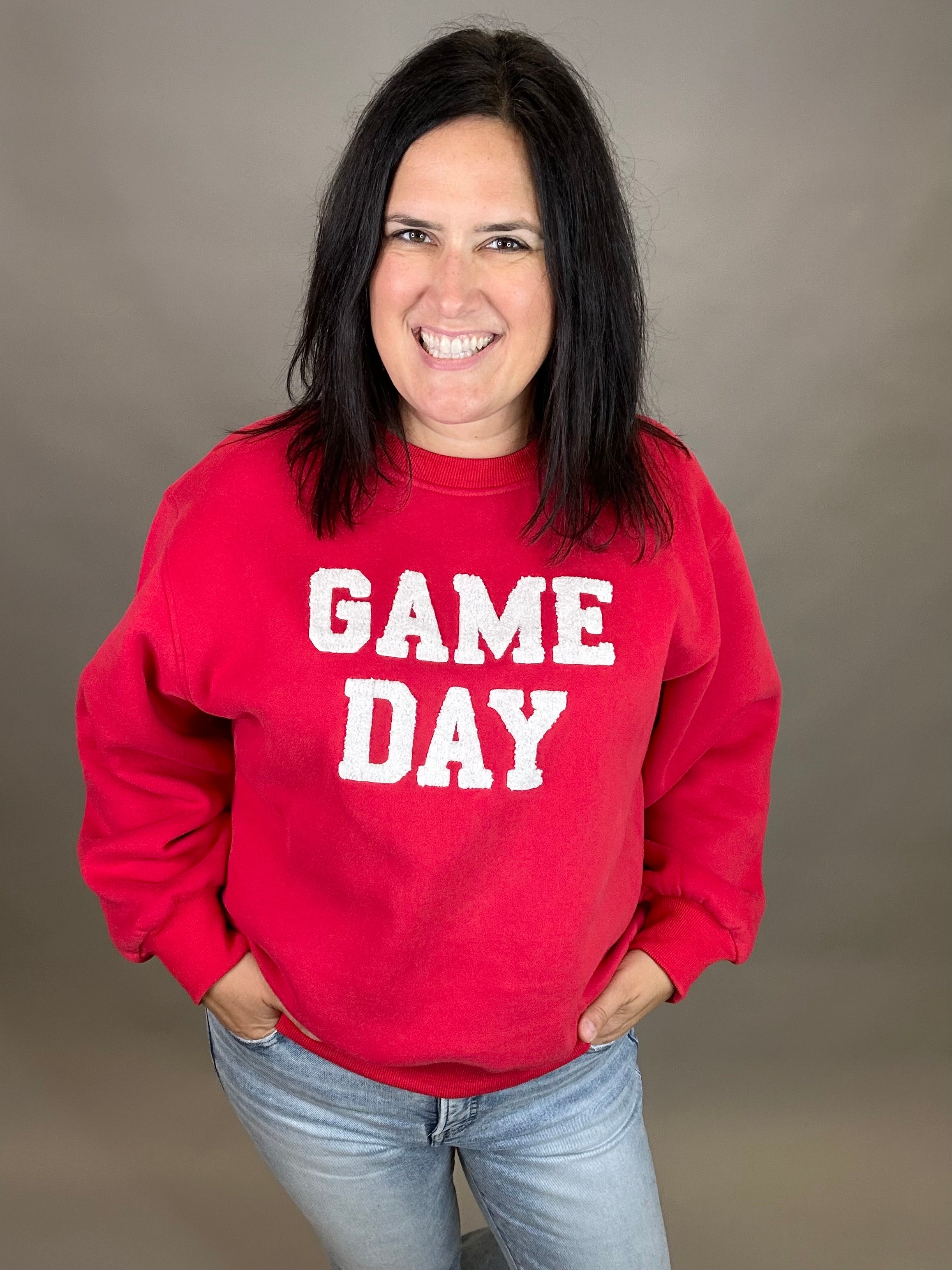 Red Game Day Sweatshirt Top- Sweatshirts PANACHE