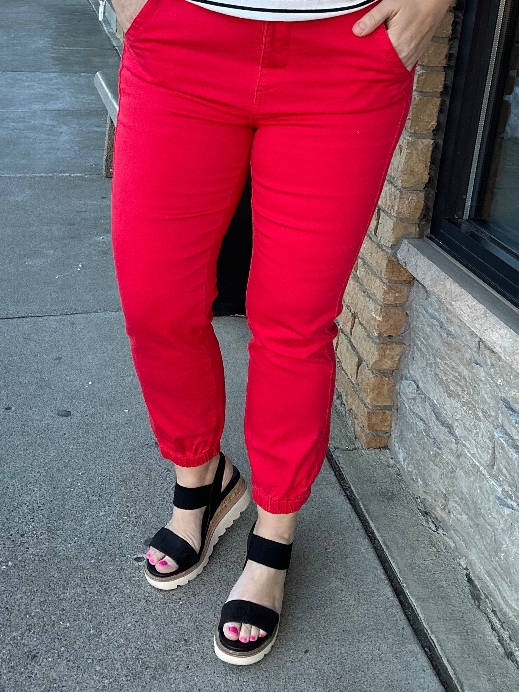 Scarlet Red High-Rise Crop Jogger Pants Bottoms- Joggers RISEN