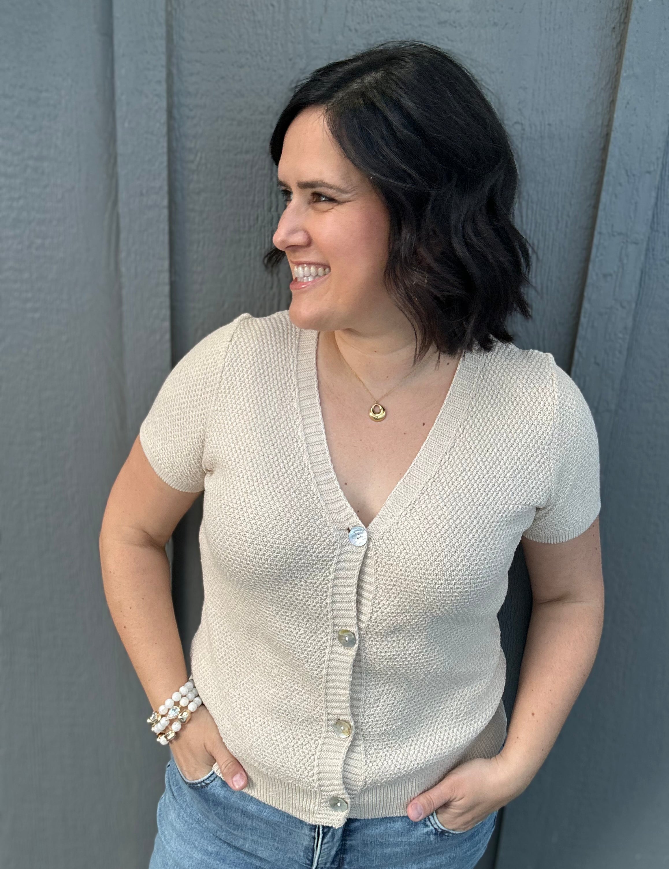 Oatmeal Waffle V Neck Cardigan Tops- Cardigans STACCATO