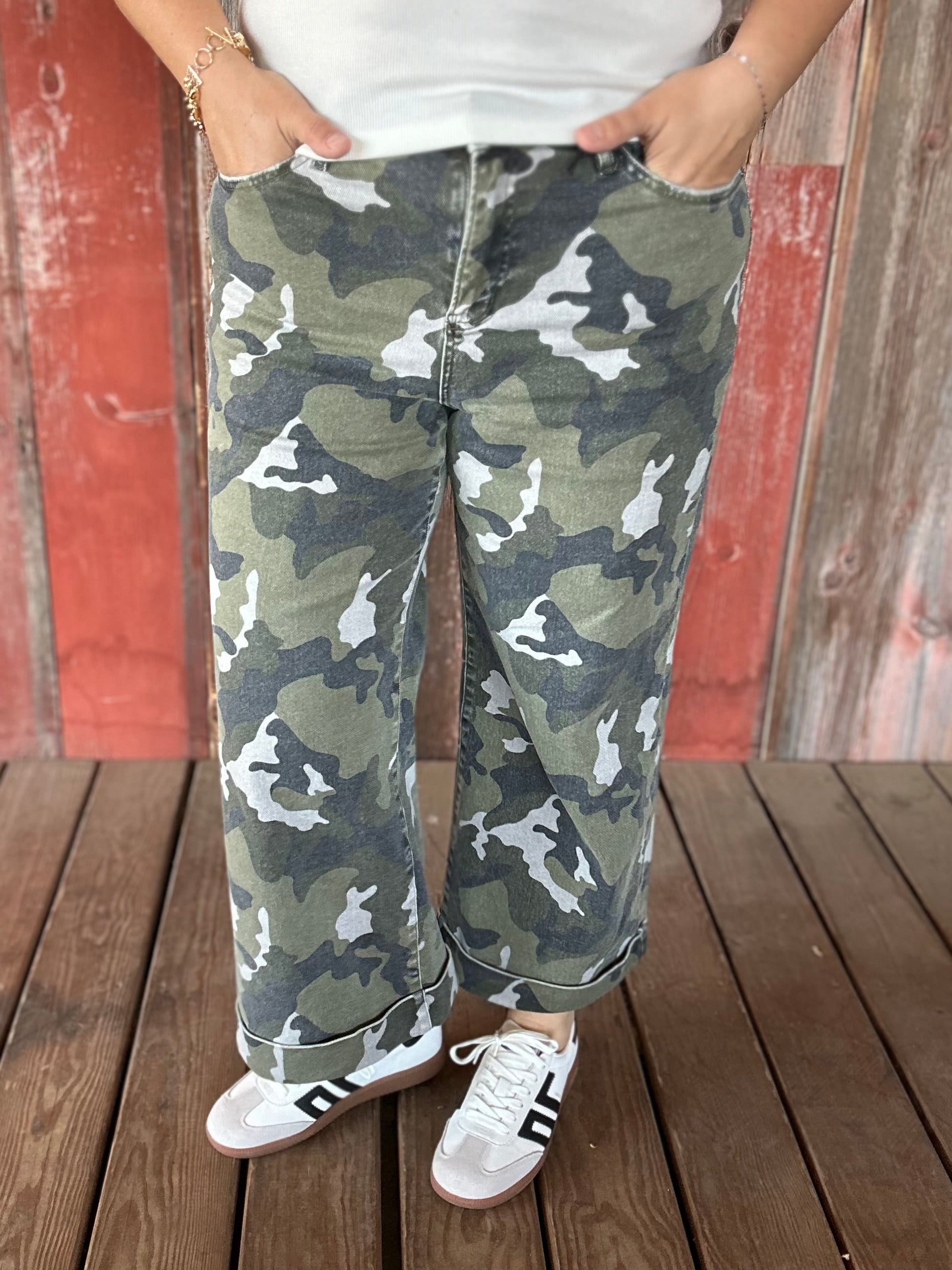 Green Camo Wide Leg Jeans Bottoms - Pants MICA DENIM
