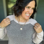 Taupe & Black Stripe Raglan Crew Sweater Top - Sweater STACCATO