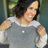 Taupe & Black Stripe Raglan Crew Sweater Top - Sweater STACCATO
