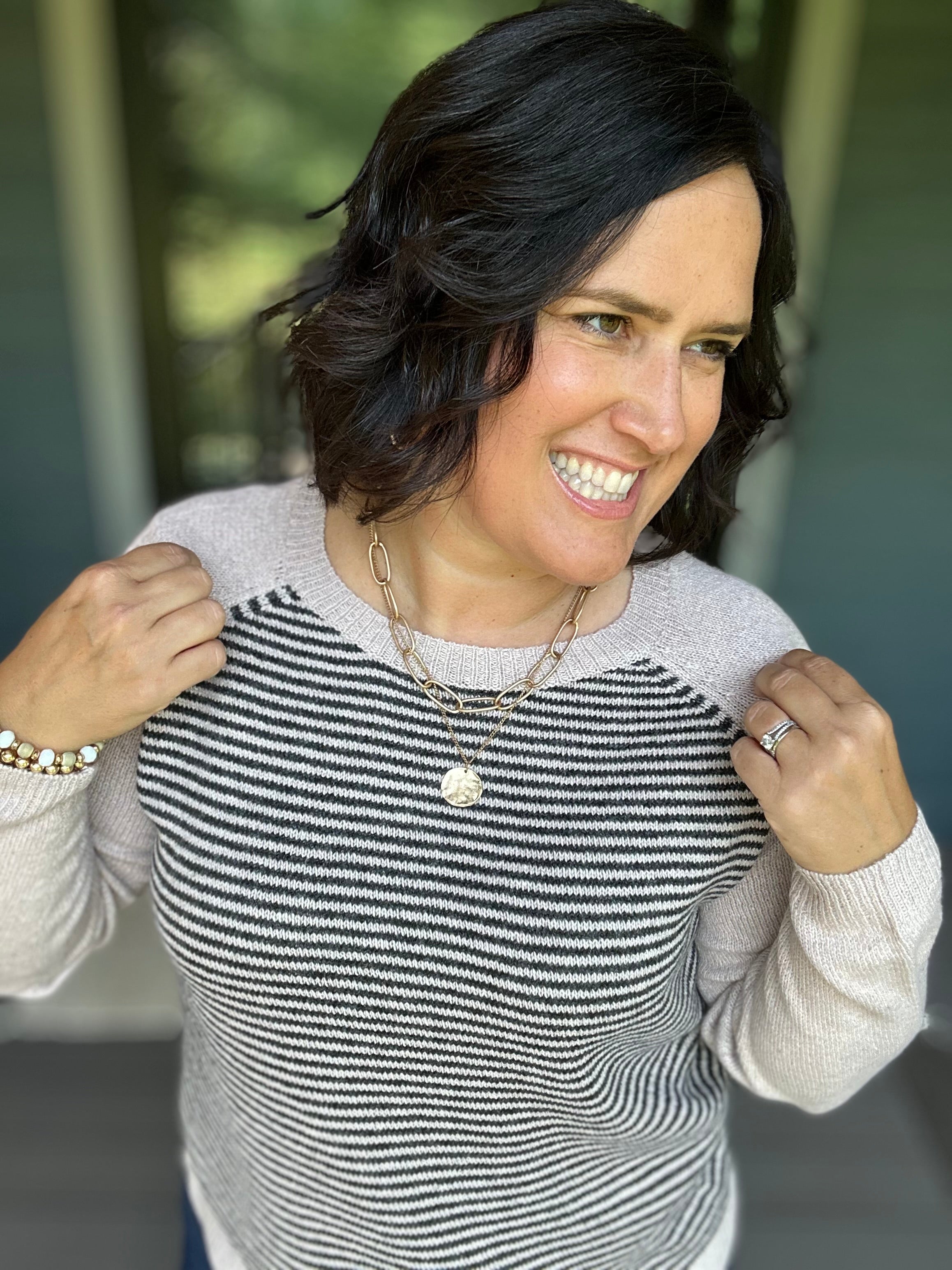 Taupe & Black Stripe Raglan Crew Sweater Top - Sweater STACCATO