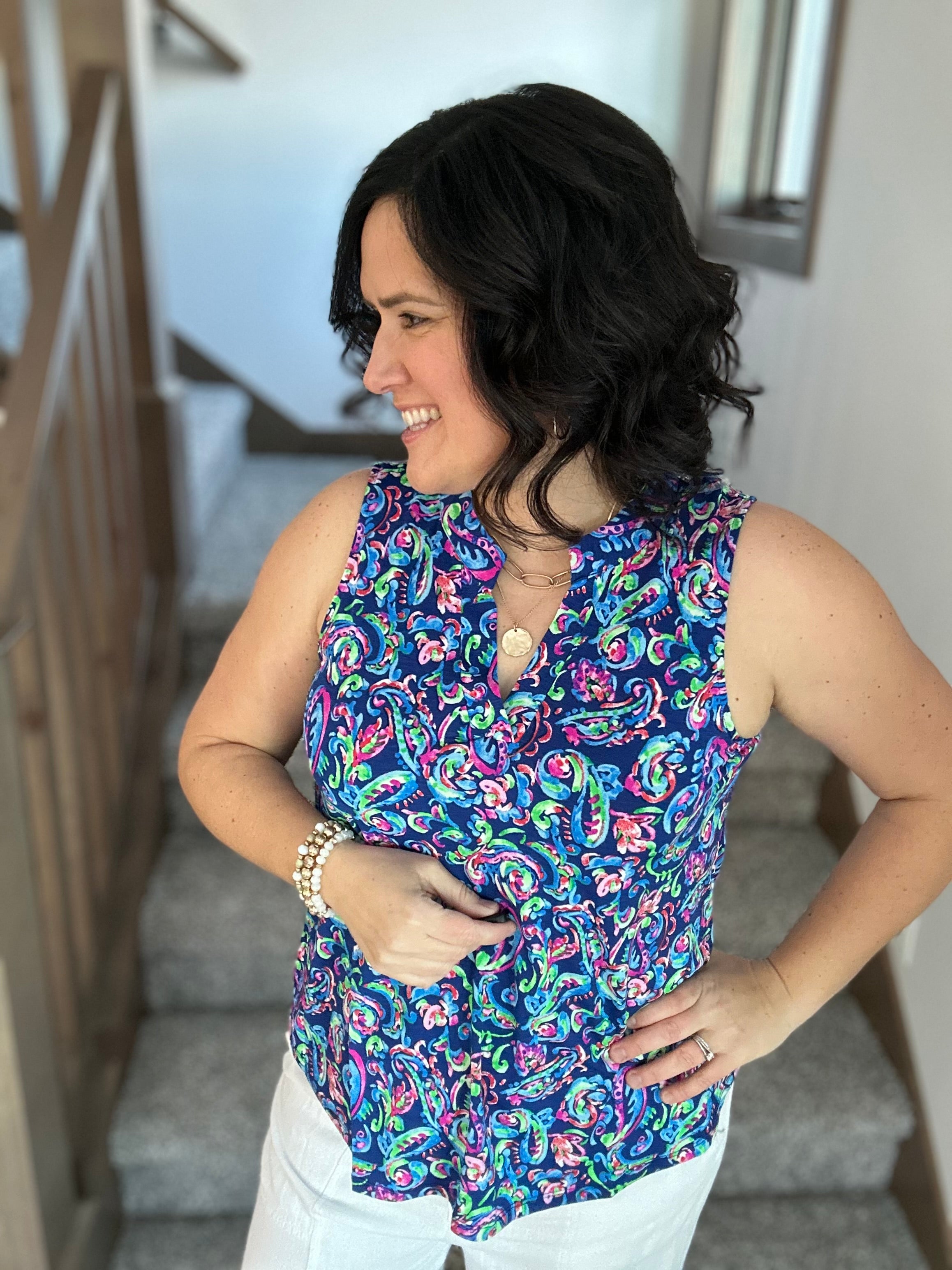 Royal Blue Multi Lizzy Top Tops- Blouses DEAR SCARLETT