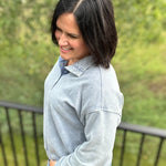 Denim Washed Half Button Sweatshirt Top- Sweatshirt TRES BIEN