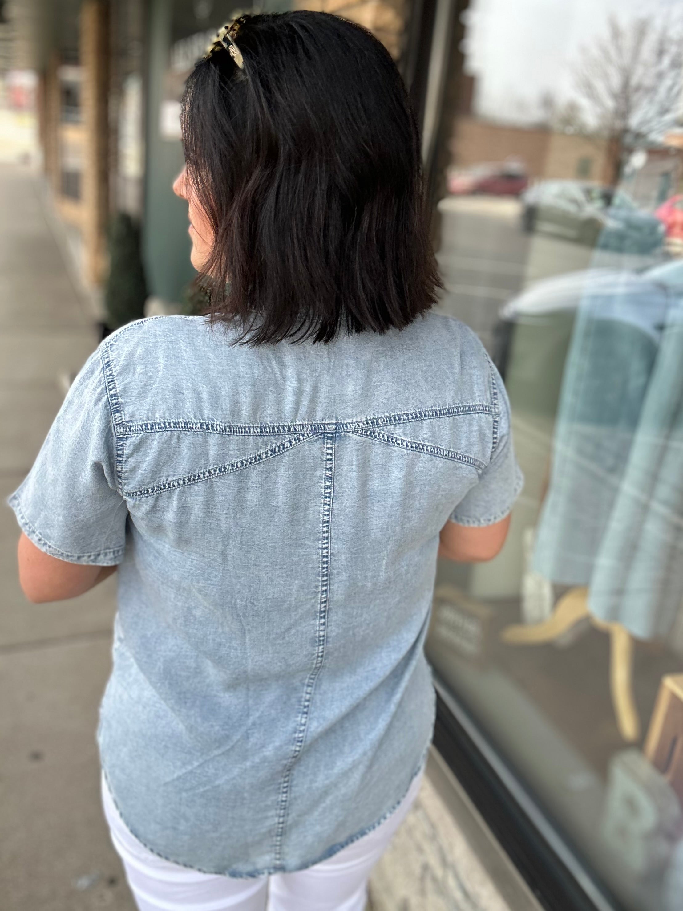 Light Denim Short Sleeve Tencel Denim Shirt Tops - Button Ups DOE & RAE