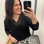 Black Split Neck Open Knit Sweater Top - Sweater DOE & RAE