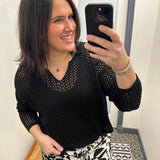 Black Split Neck Open Knit Sweater Top - Sweater DOE & RAE