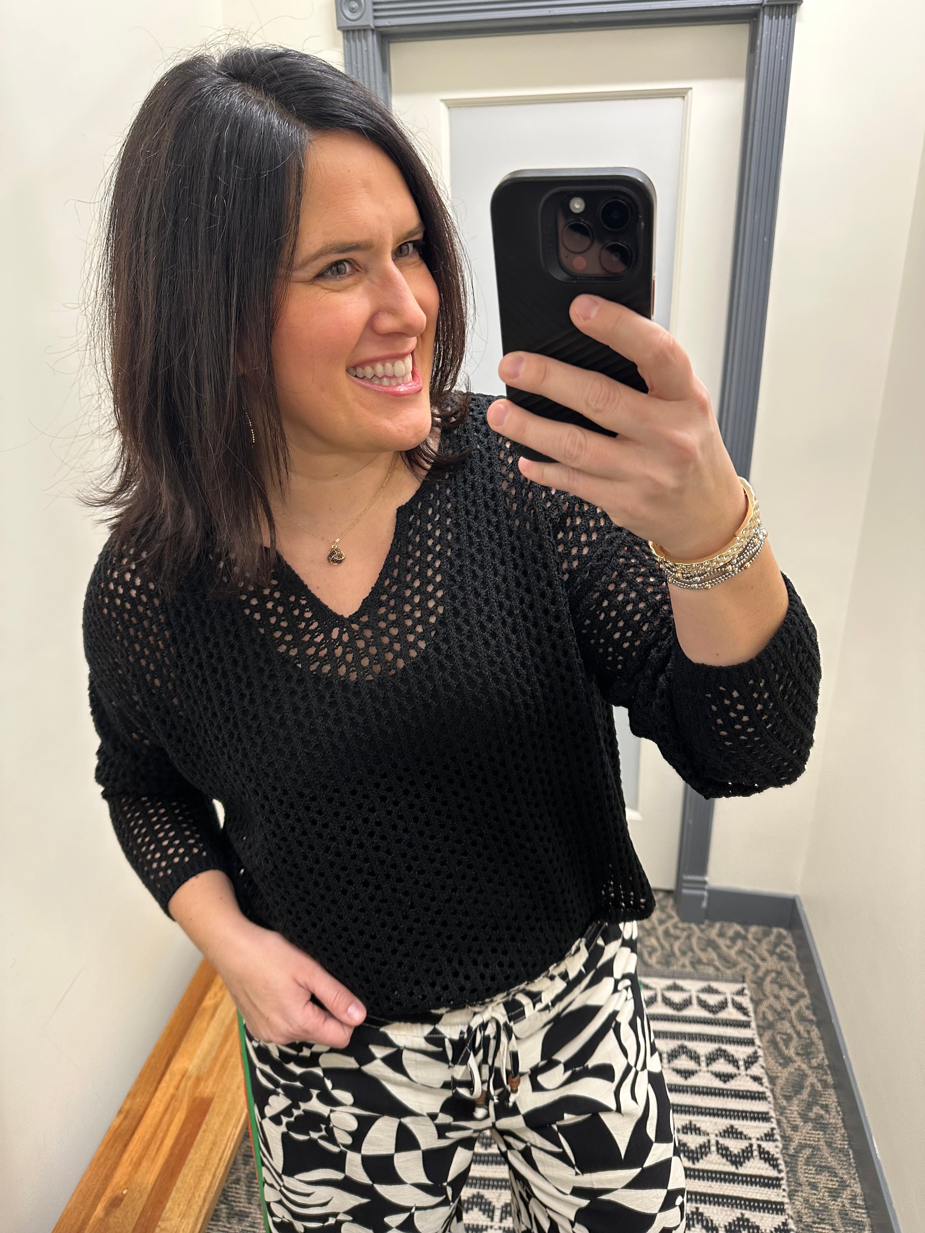 Black Split Neck Open Knit Sweater Top - Sweater DOE & RAE