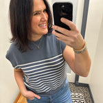 Denim Short Sleeve Cloudy Knit Stripe Top Top - Tee TRES BIEN