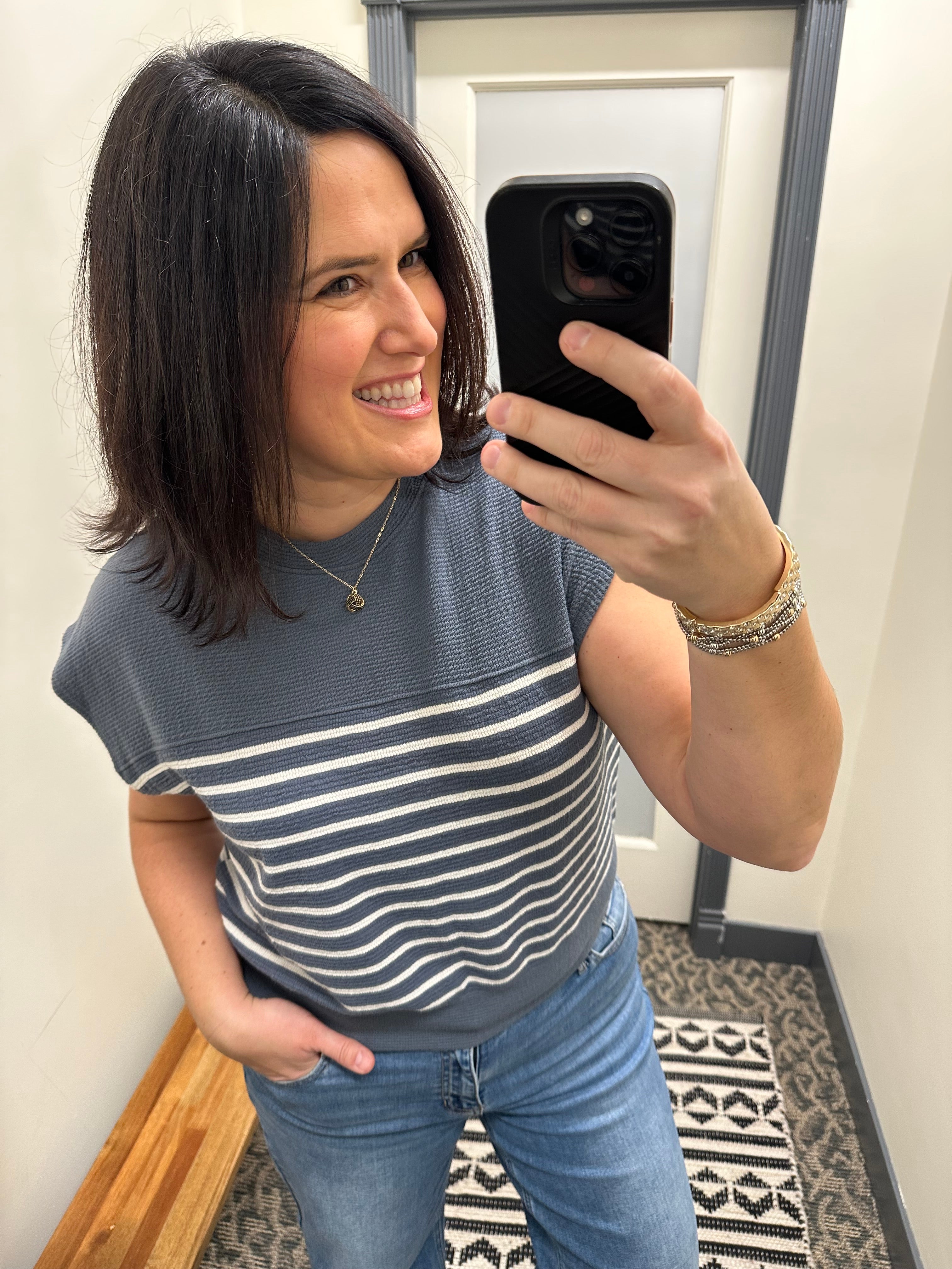 Denim Short Sleeve Cloudy Knit Stripe Top Top - Tee TRES BIEN