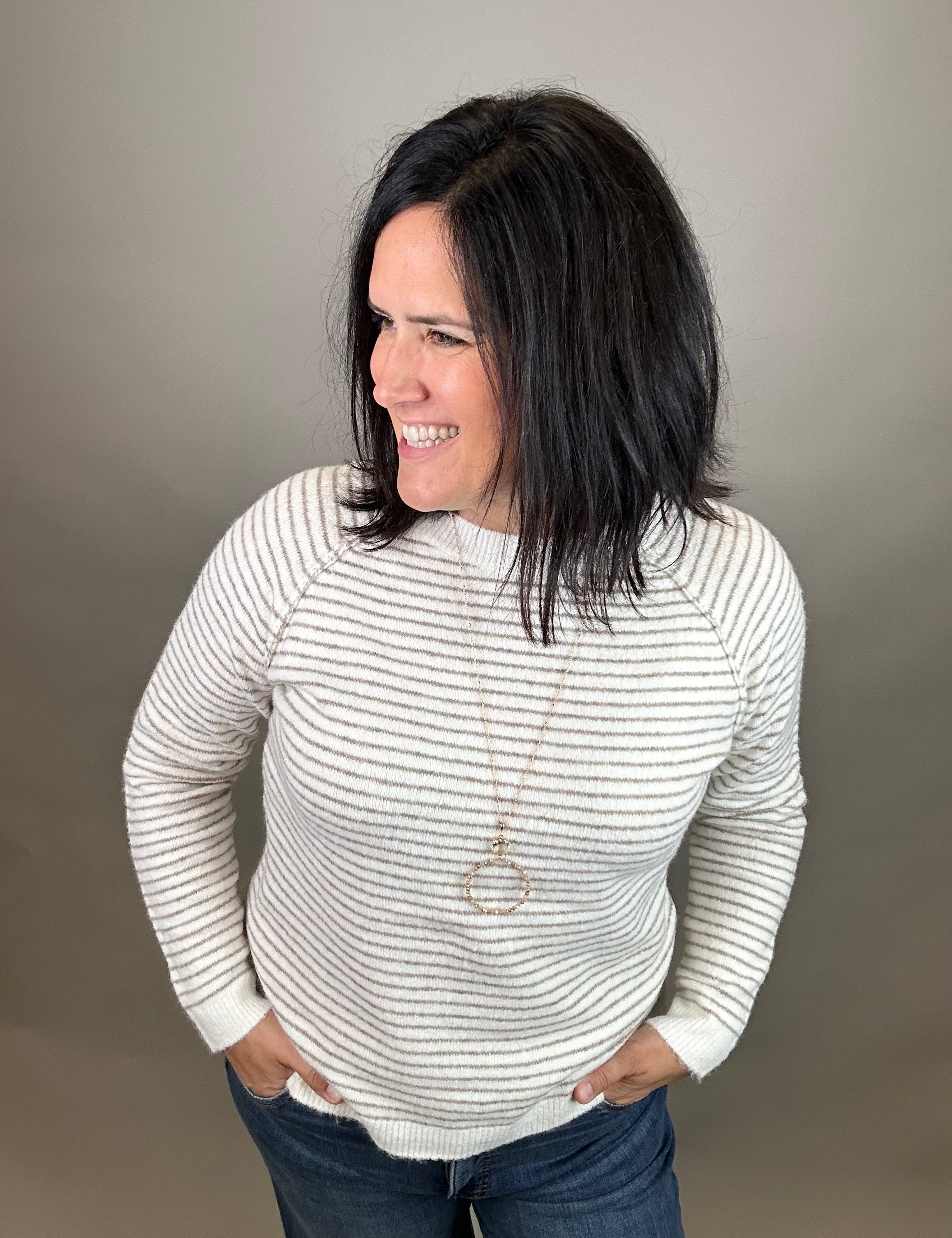 Taupe Striped Raglan Sweater Top - Sweater STACCATO