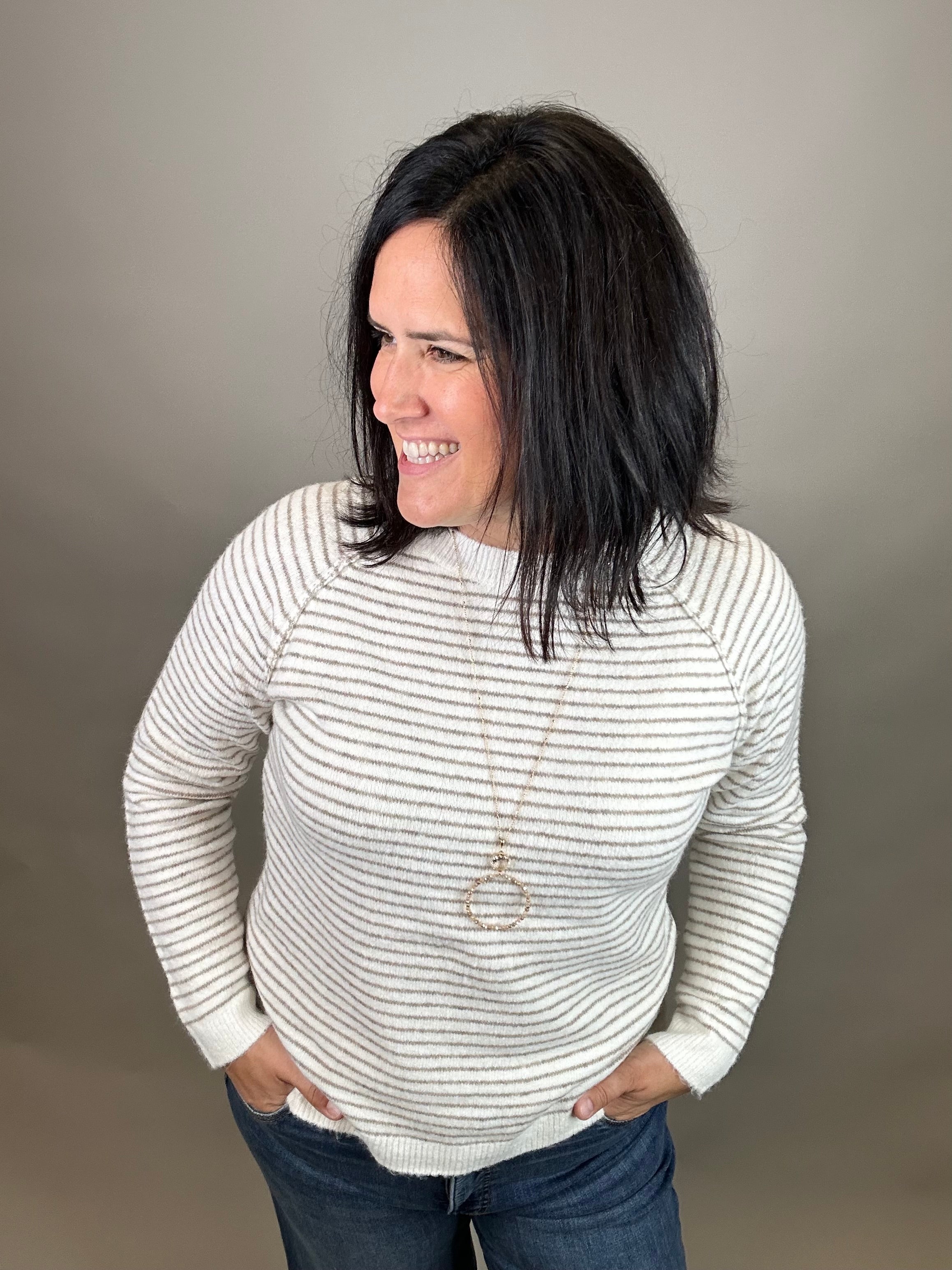 Taupe Striped Raglan Sweater Top - Sweater STACCATO