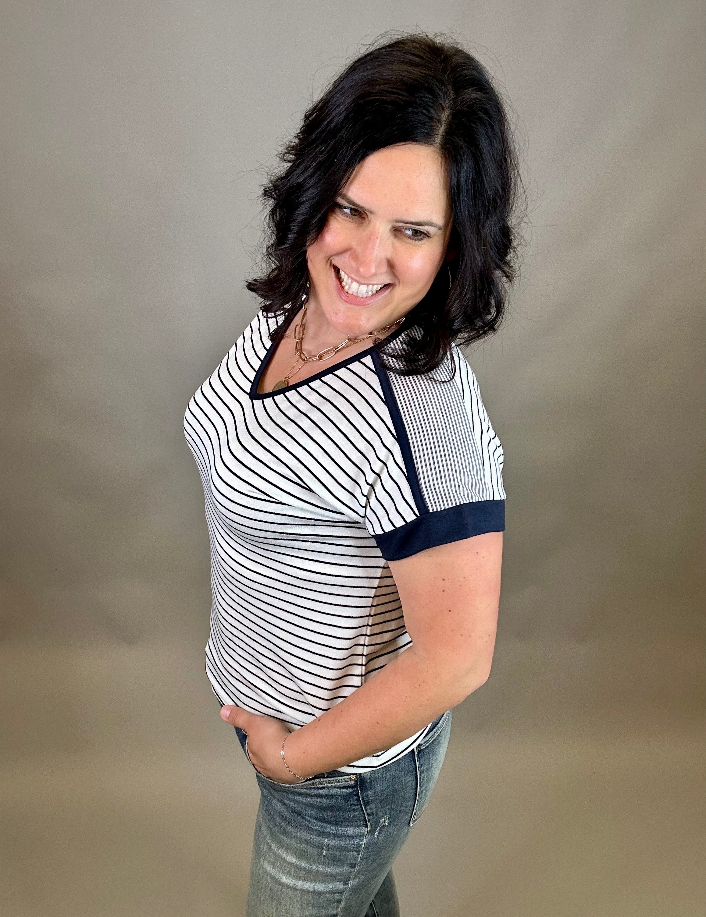 Ivory/Black Navy Terry Striped Top Top - Tee STACCATO