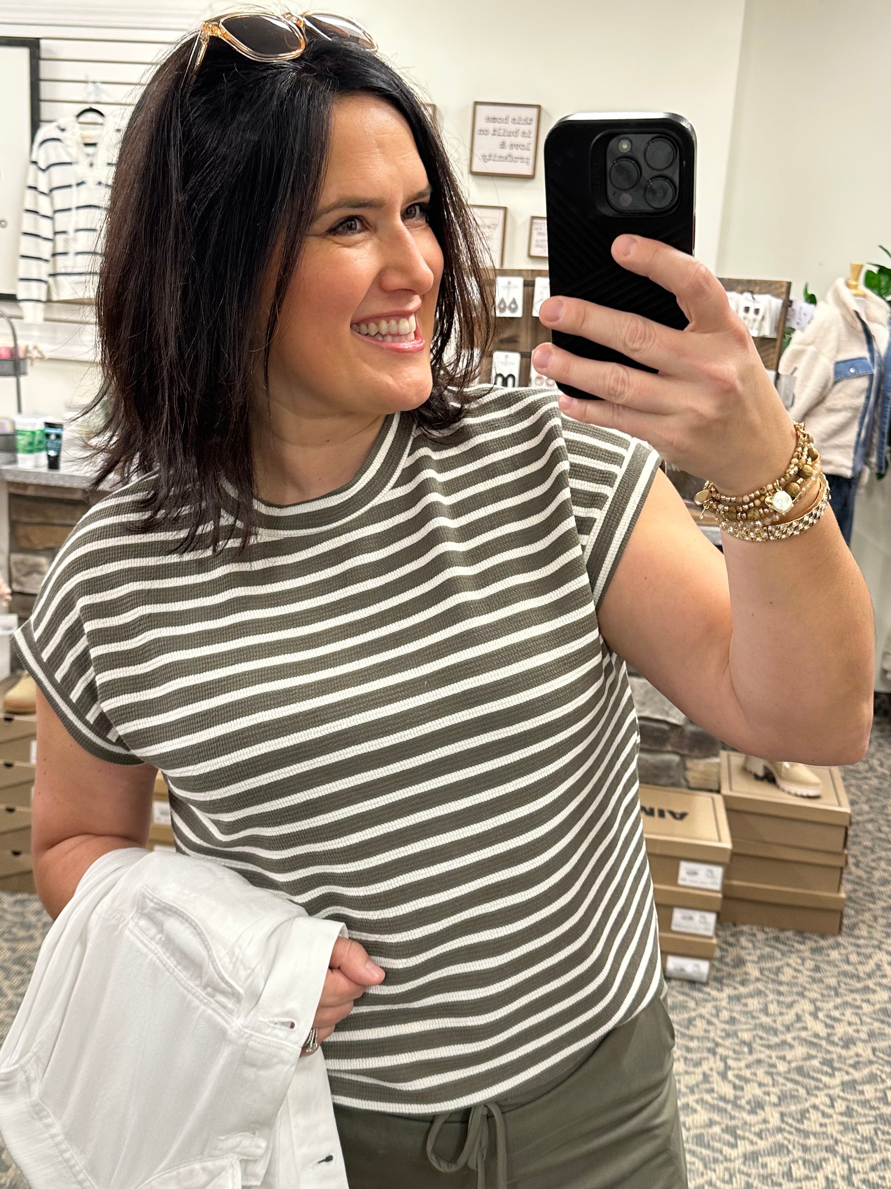 Olive Cream Stripe Rib Top Top - Tee GILLI