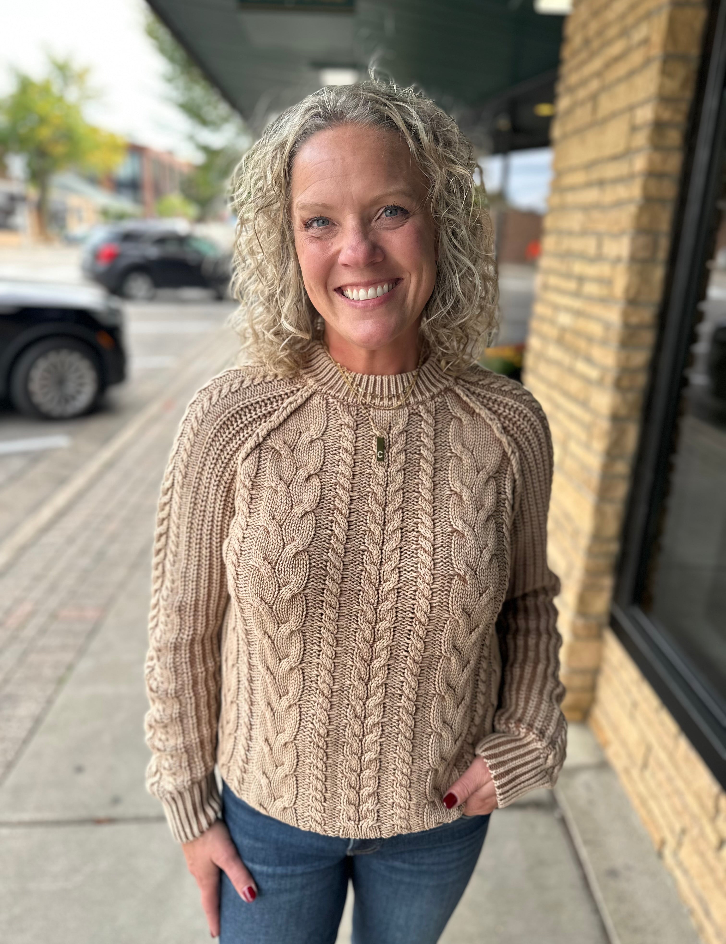 Cognac Vienna Washed Cable Knit Sweater Top - Sweater FLAG AND ANTHEM