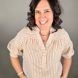 Tan Striped Puff Sleeve Pullover Top Tops- Blouses DOE & RAE