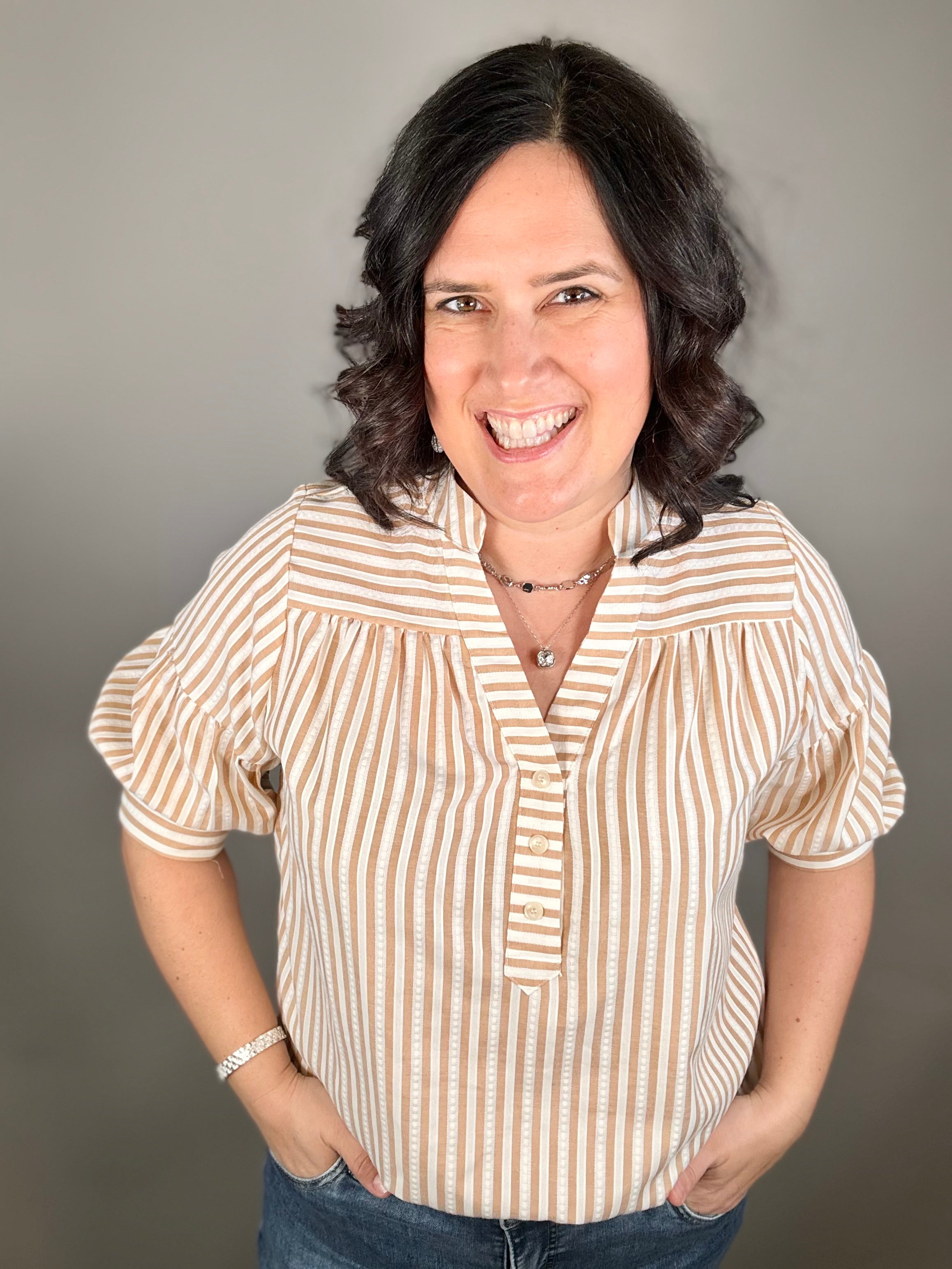 Tan Striped Puff Sleeve Pullover Top Tops- Blouses DOE & RAE