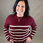 Wine/Cream Striped Drop Shoulder Sweater Top - Sweater WISHLIST