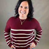 Wine/Cream Striped Drop Shoulder Sweater Top - Sweater WISHLIST