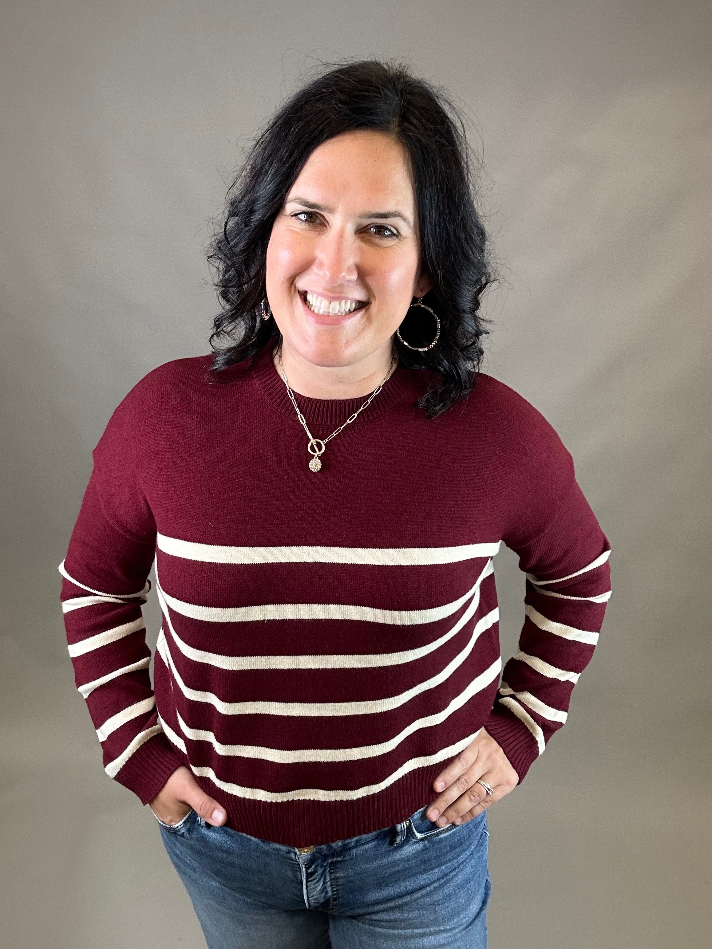 Wine/Cream Striped Drop Shoulder Sweater Top - Sweater WISHLIST