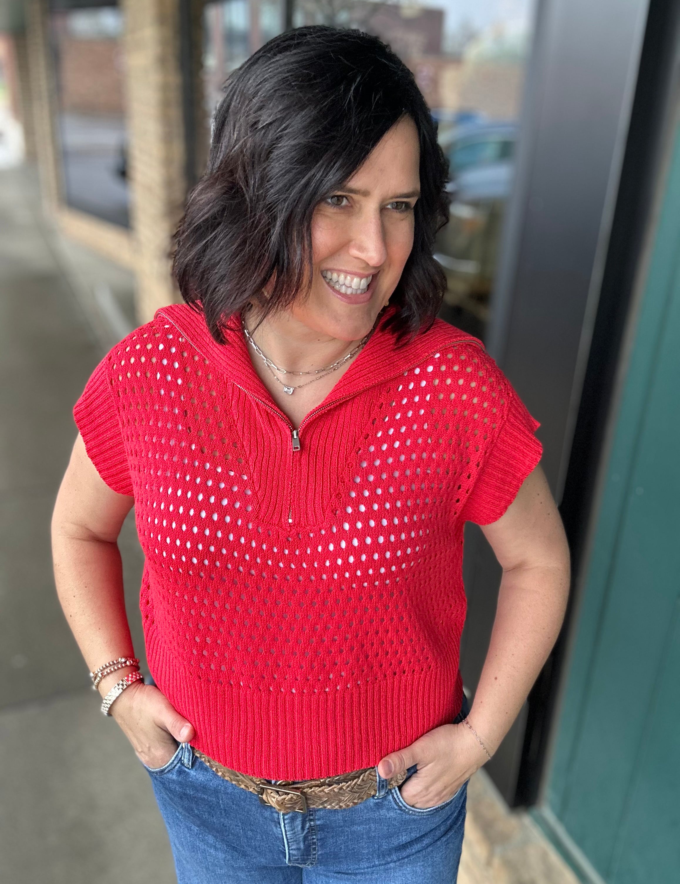 Red Zip Up Sweater Top - Sweater Mystree