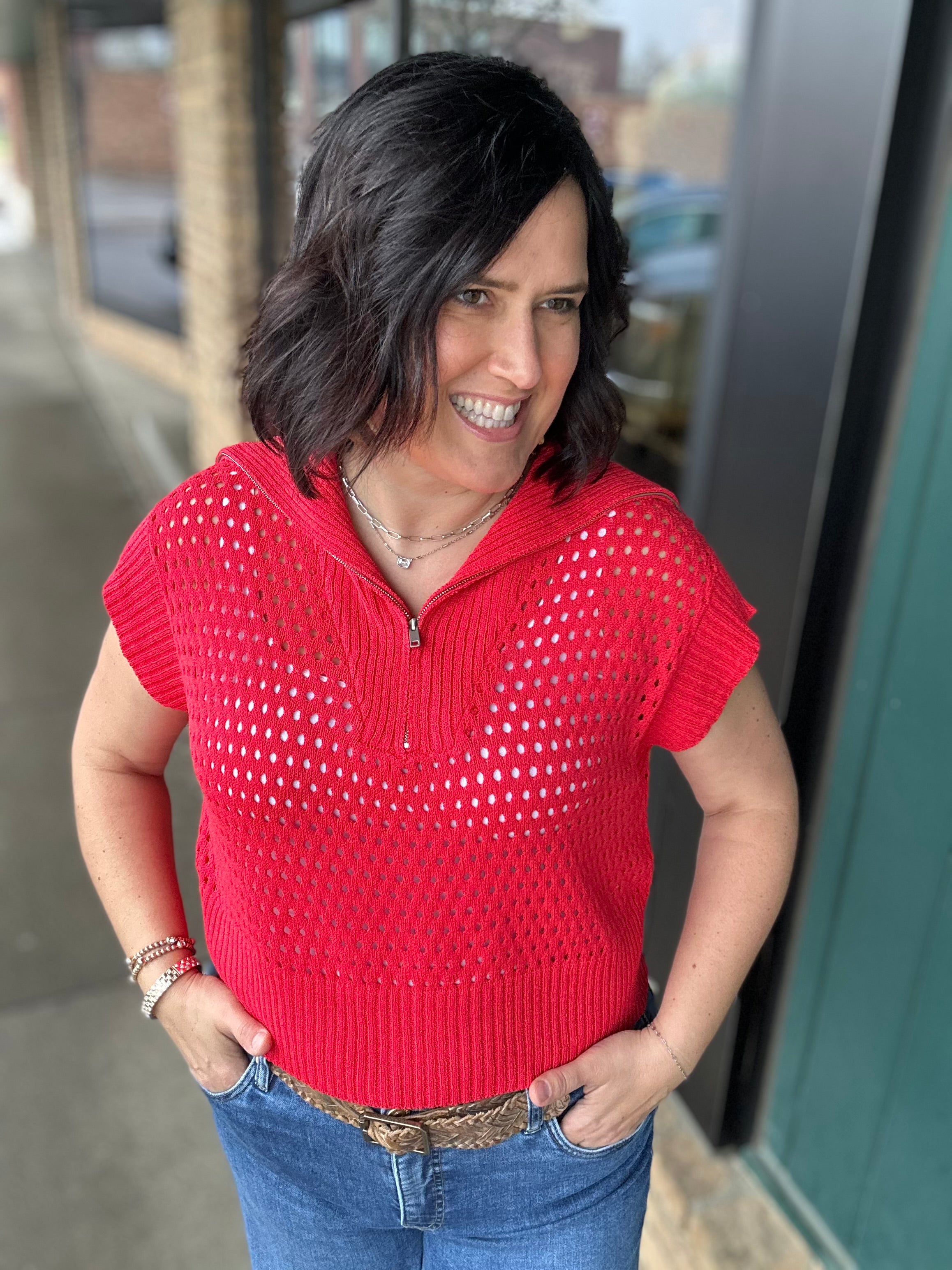 Red Zip Up Sweater Top - Sweater Mystree