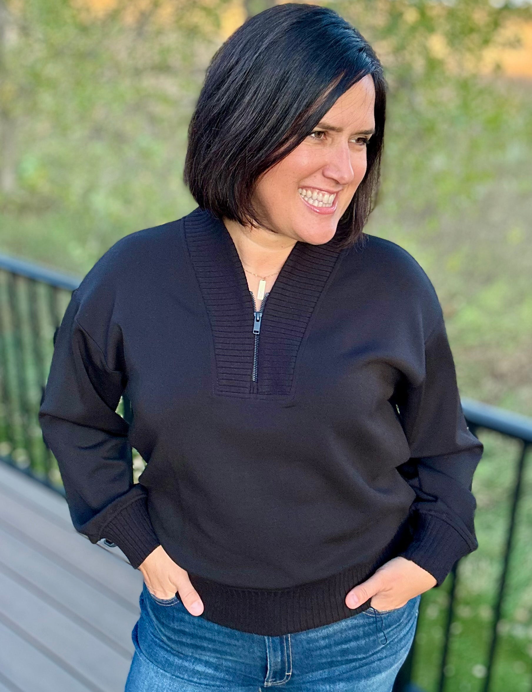Black Quarter Zip Pullover Tops- Sweaters RAE MODE
