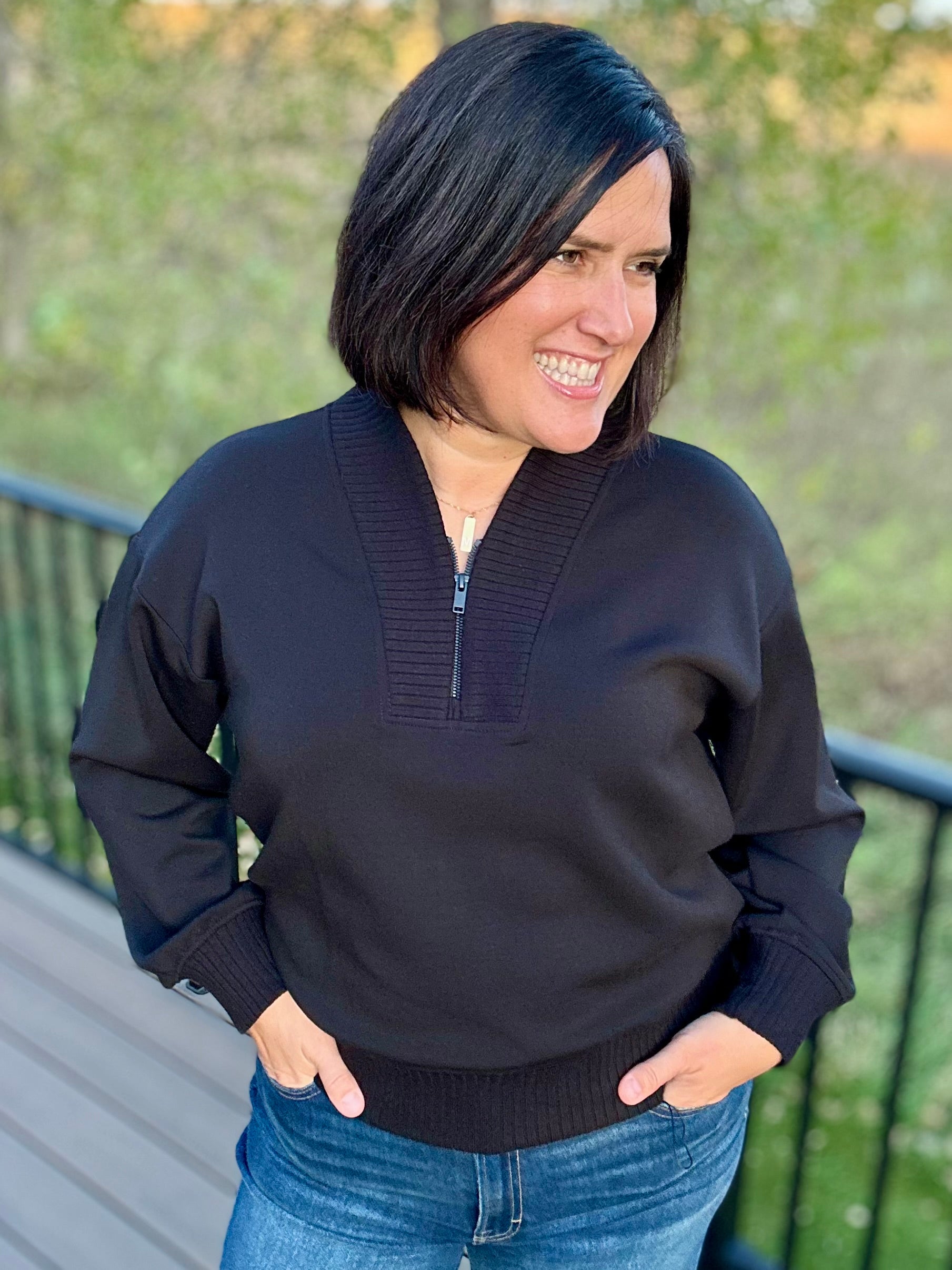 Black Quarter Zip Pullover Tops- Sweaters RAE MODE