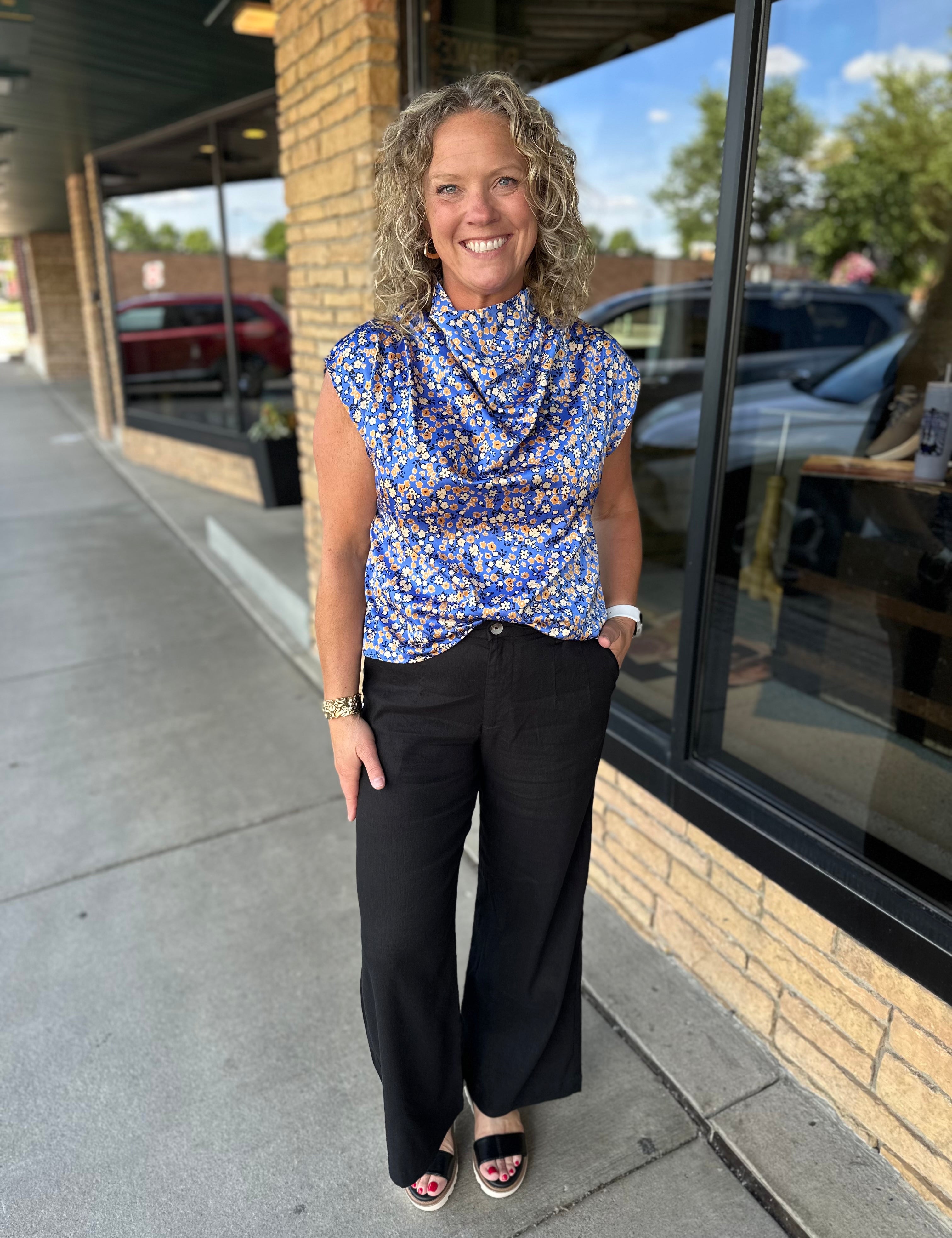 Blue Floral Sleeveless Top Tops- Blouses THML