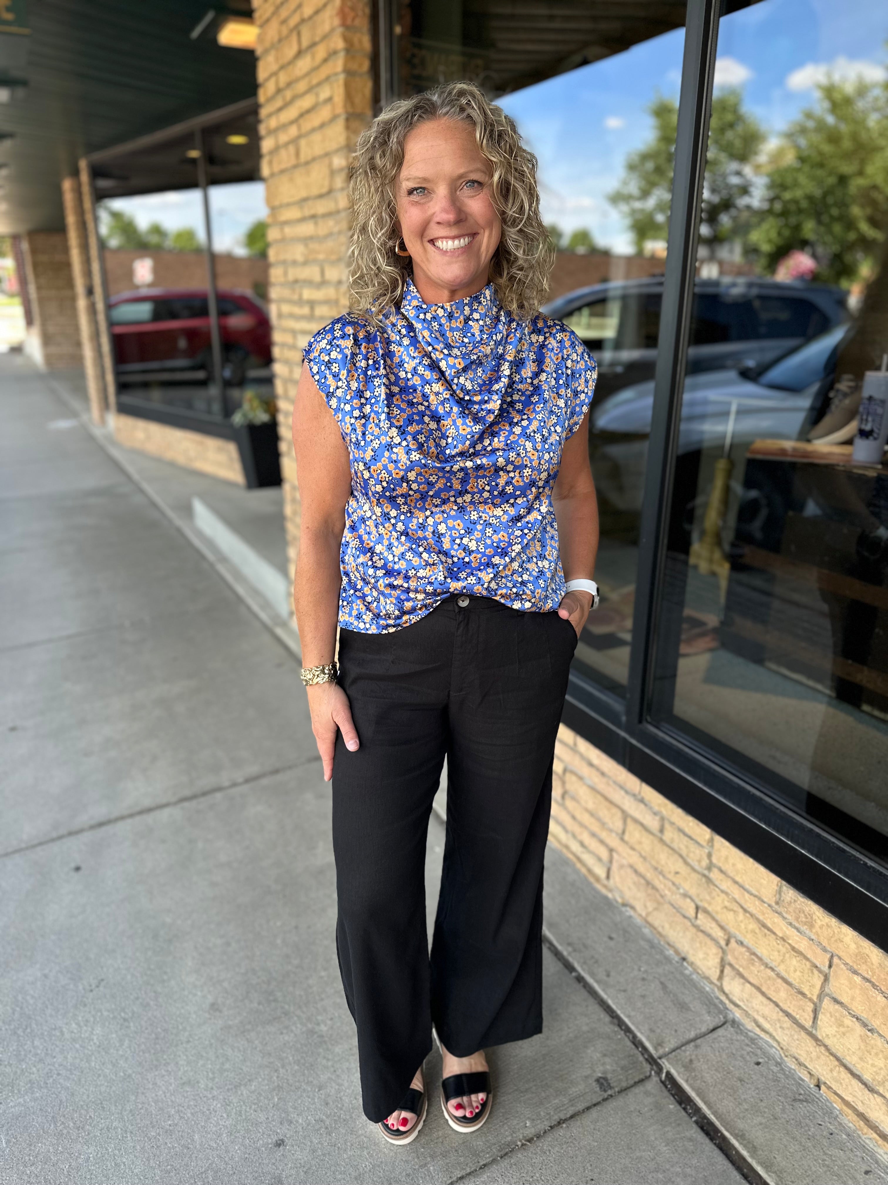 Blue Floral Sleeveless Top Tops- Blouses THML