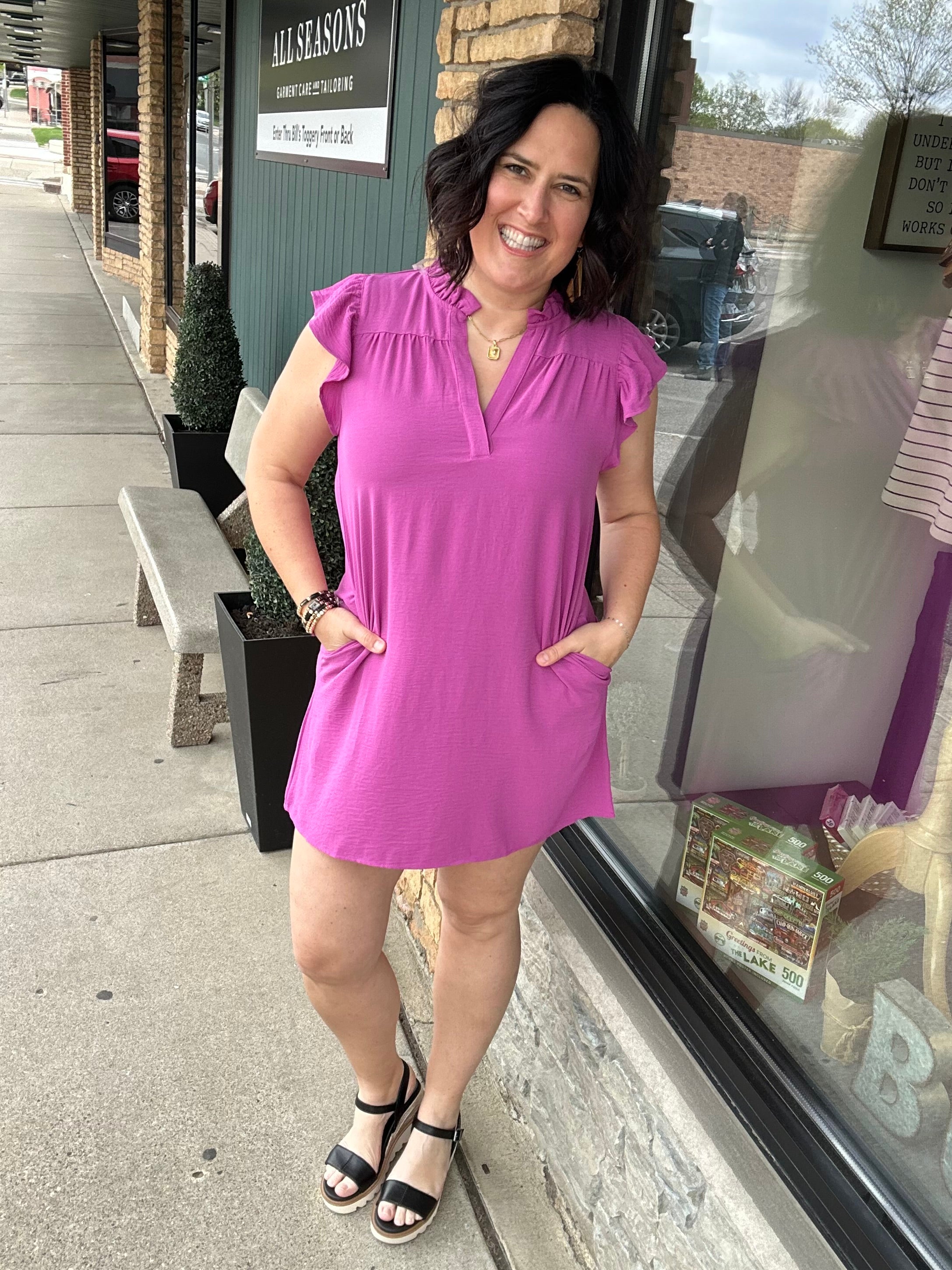 Magenta Frilled Split Neck Dress Dresses STACCATO