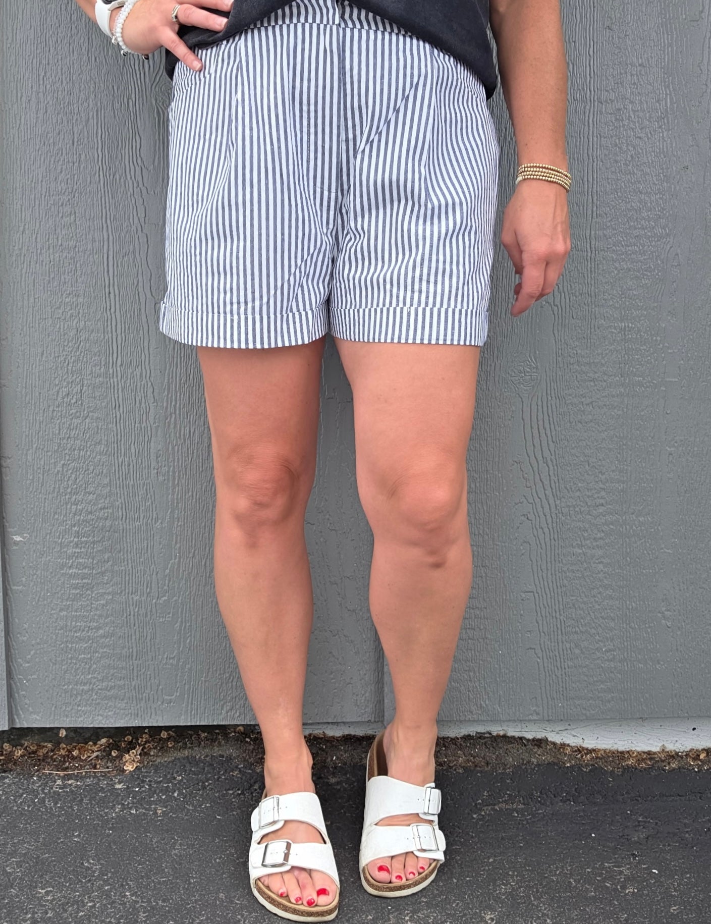 Striped Charcoal Cuffed Shorts Bottoms - Shorts DOE & RAE