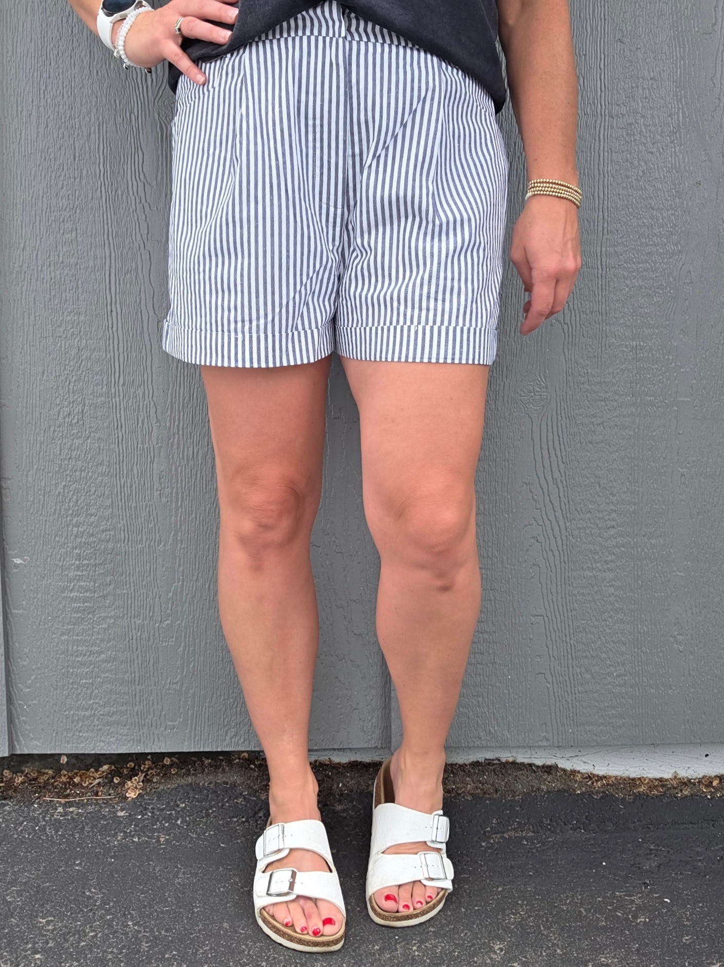 Striped Charcoal Cuffed Shorts Bottoms - Shorts DOE & RAE