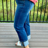 Dark High Rise Straight Cuff Hem Jeans