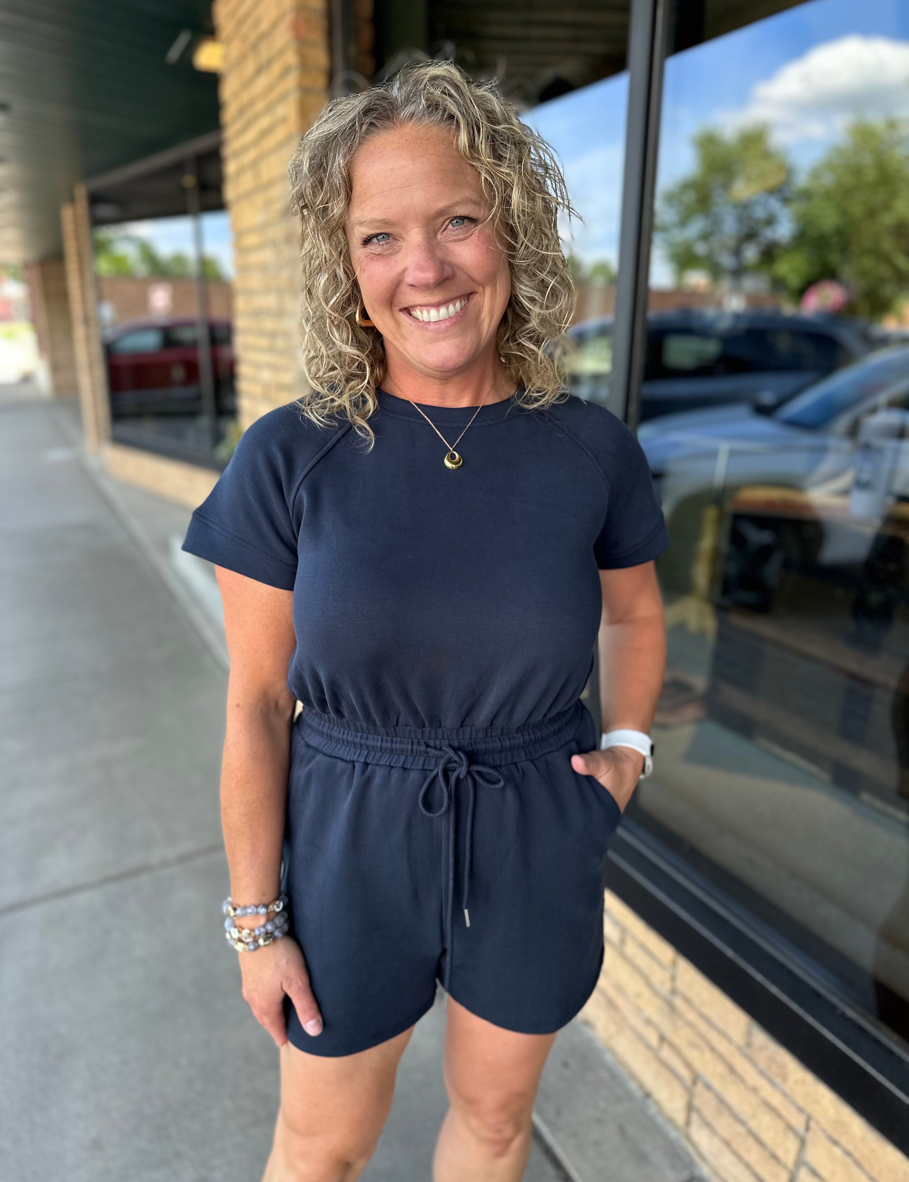 Navy Modal Drawstring Romper Jumpsuit DOE & RAE