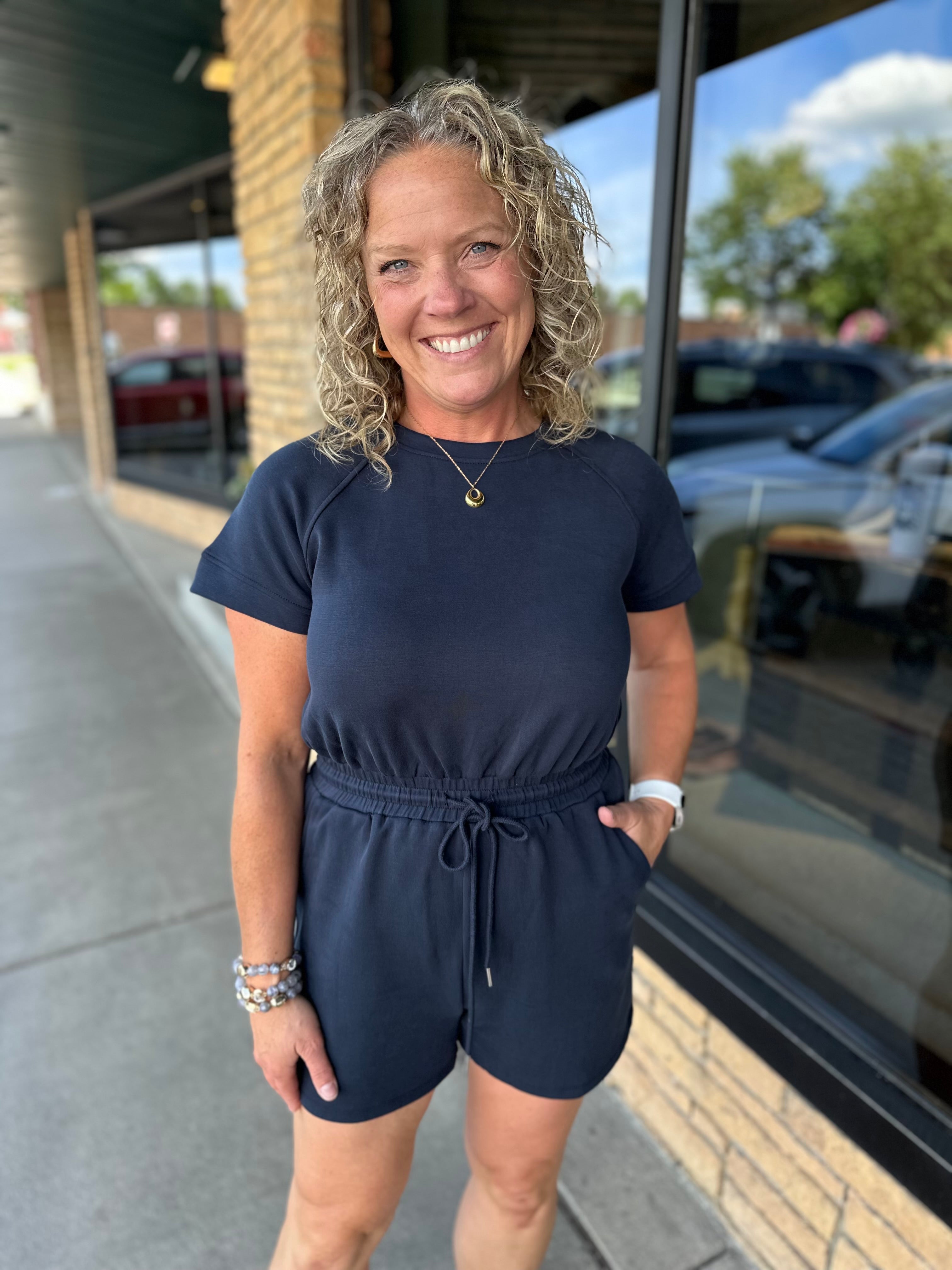 Navy Modal Drawstring Romper Jumpsuit DOE & RAE