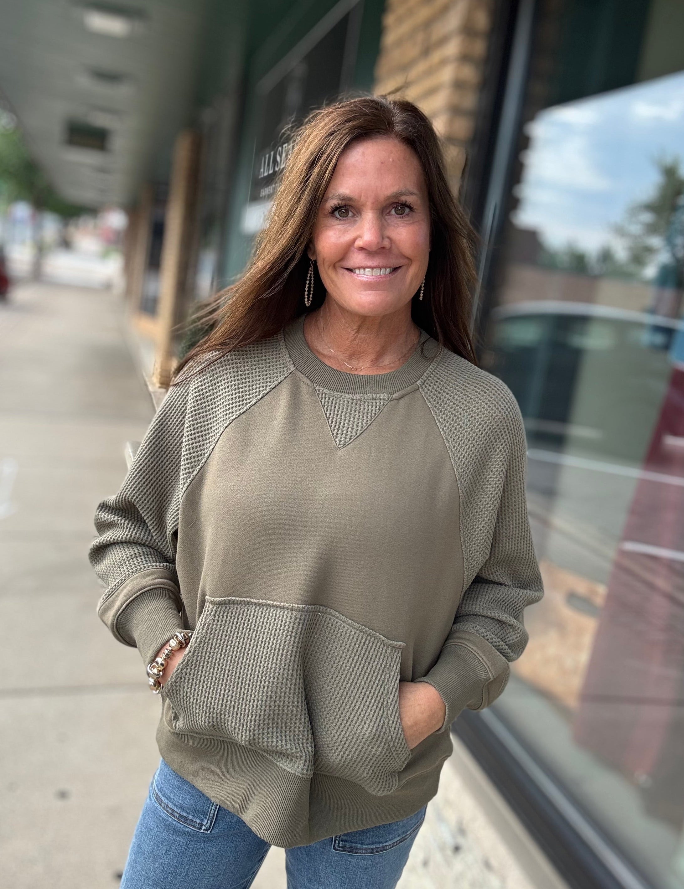 Army Green Mixed Waffle Knit Top Top - Sweatshirt TRES BIEN