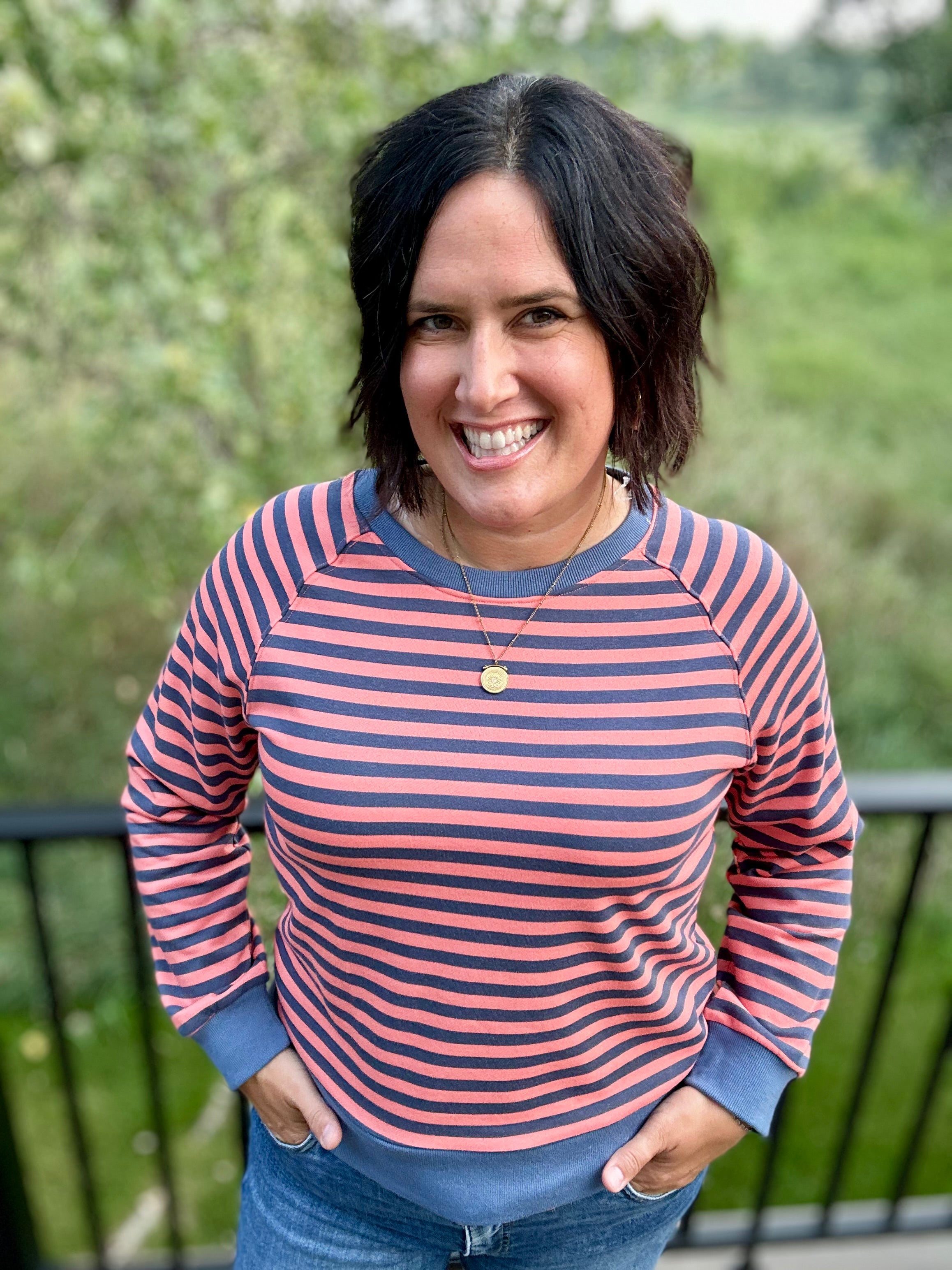 Washed Coral & Denim Stripe Raglan Top Top - Sweatshirt STACCATO