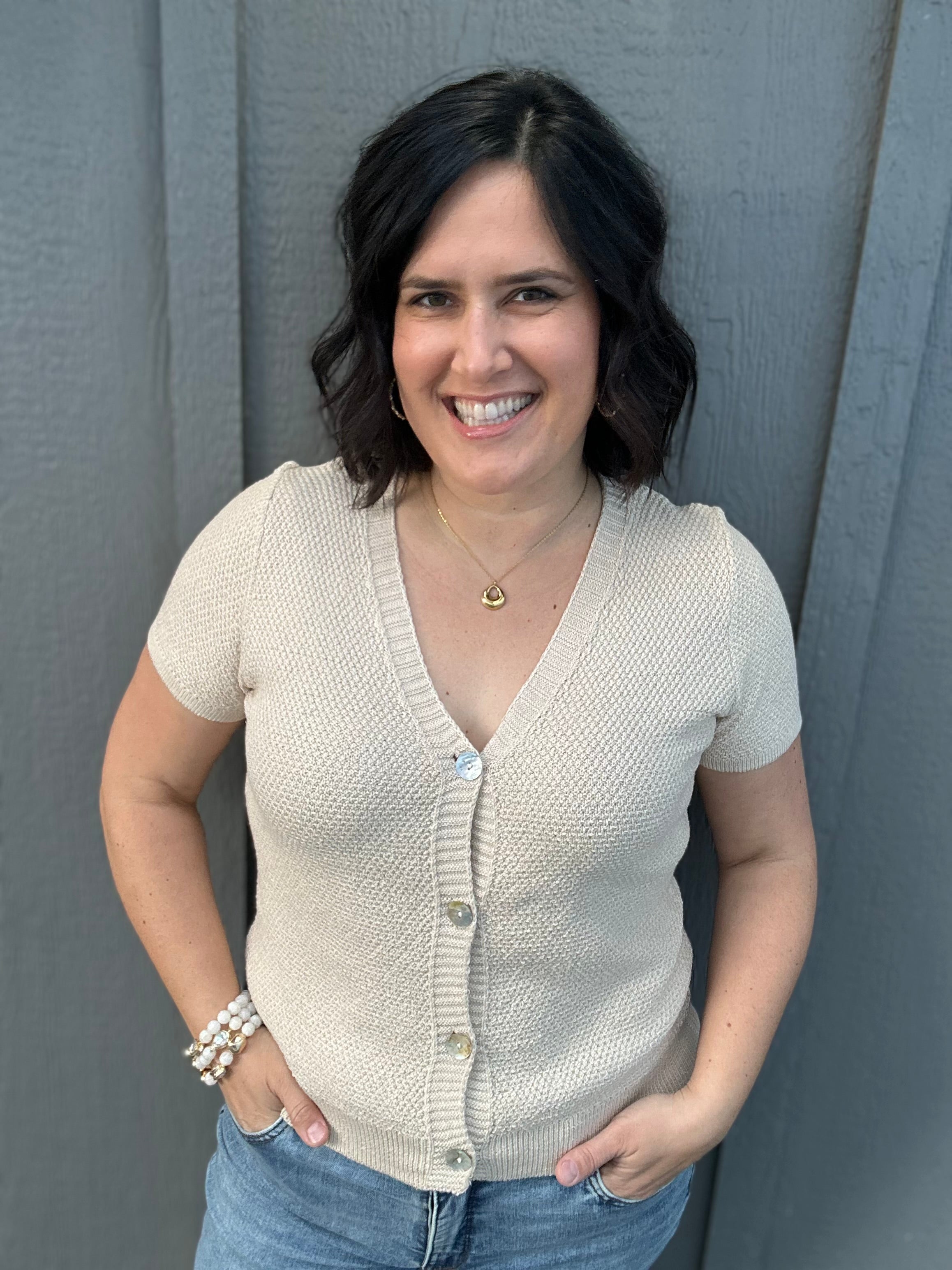 Oatmeal Waffle V Neck Cardigan Tops- Cardigans STACCATO