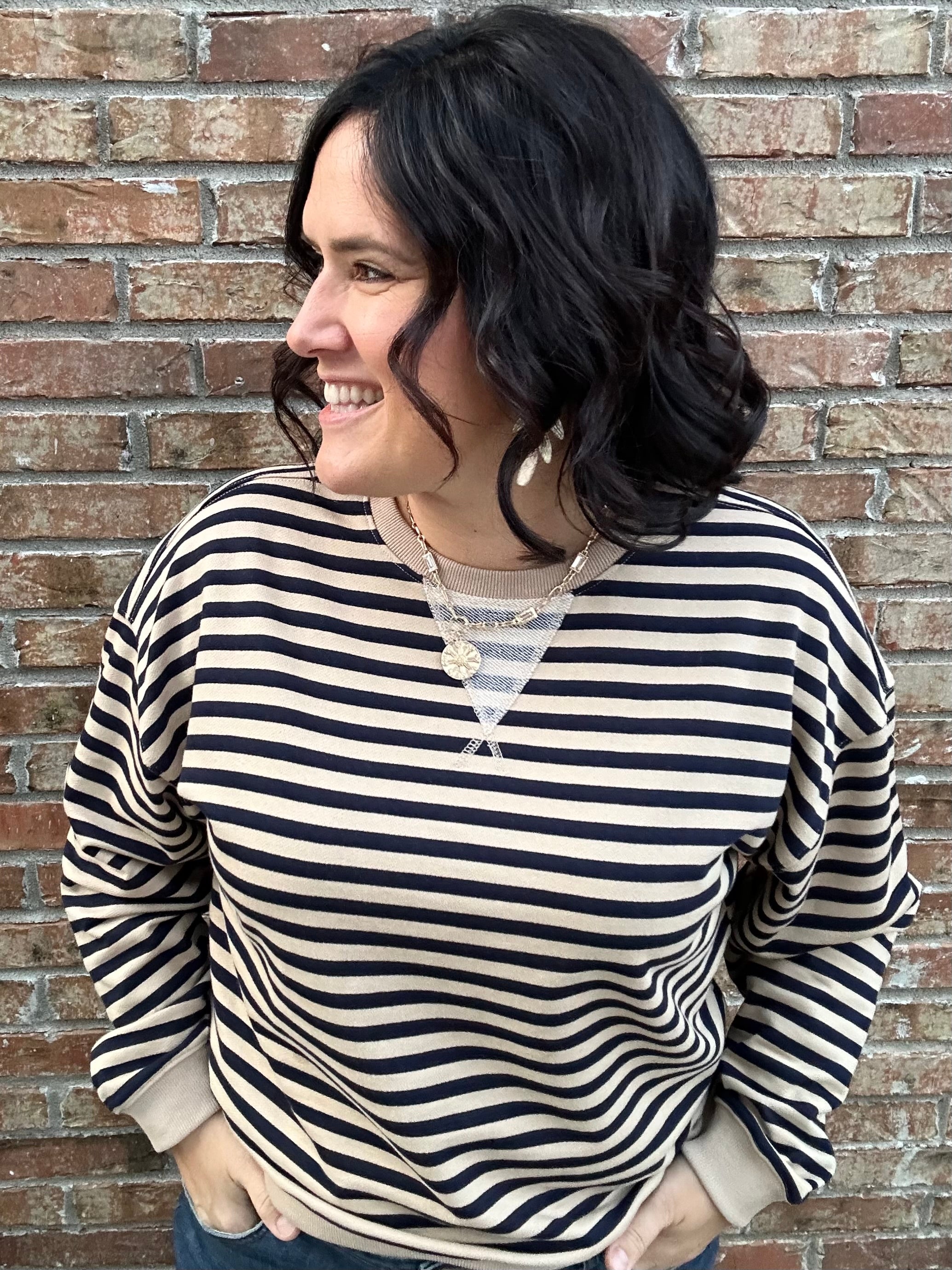 Brown/Navy Striped Pullover Top- Sweatshirt MIOU MUSE