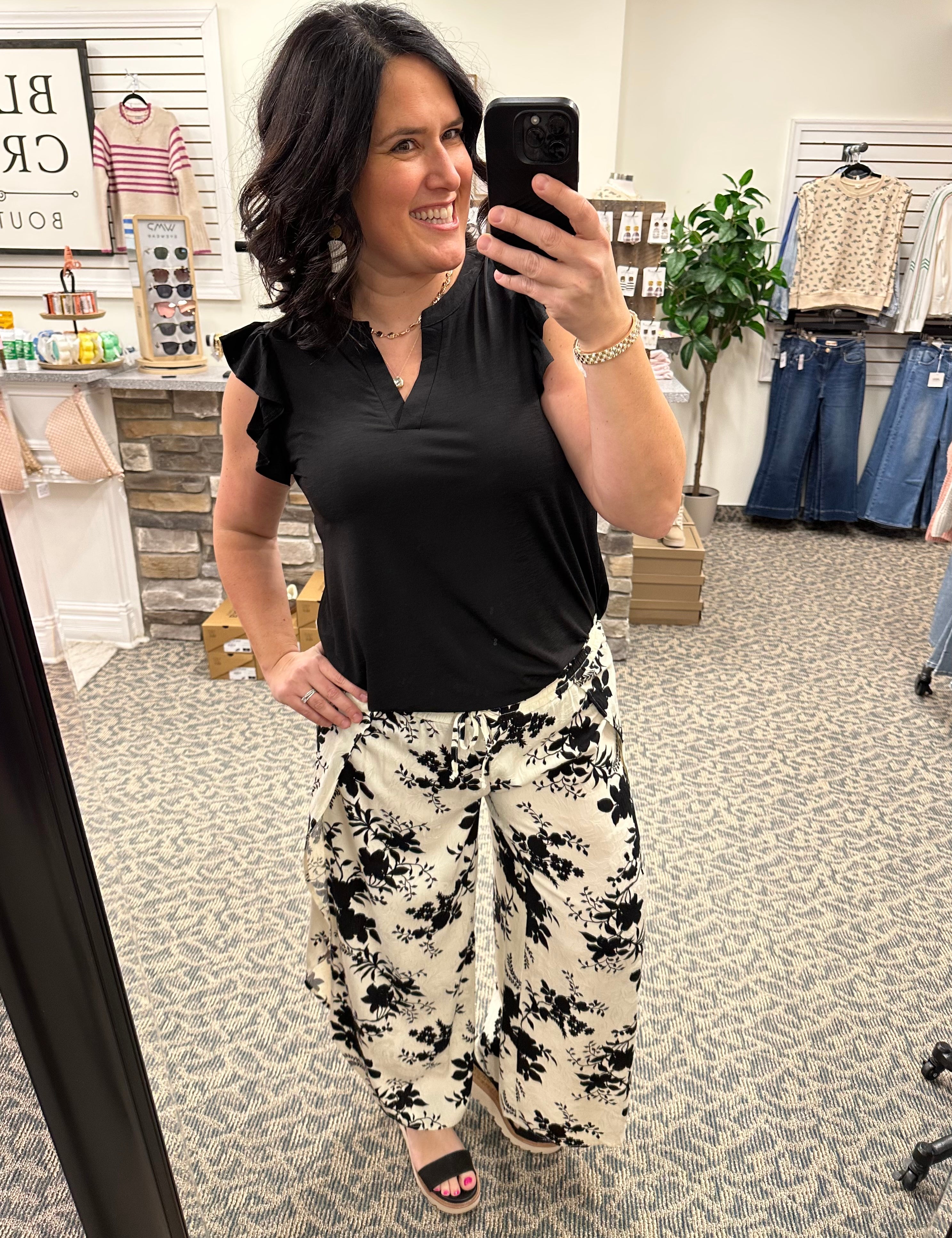 Black Floral Tulip Hem Pants Bottoms - Pants HEM & THREAD