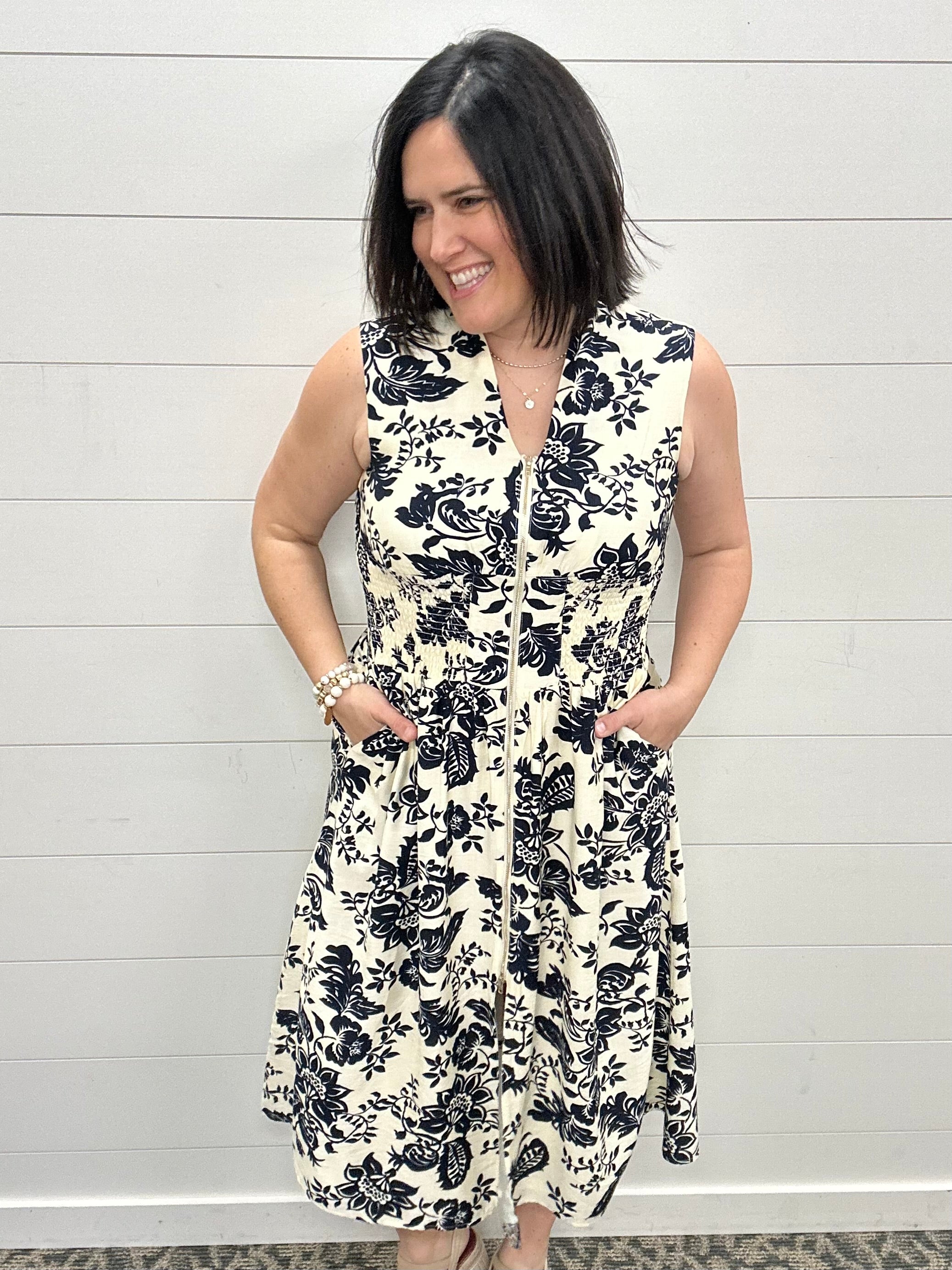 Paisley Print V-Neck Smocked Waist Zip Front Dress Dresses DOE & RAE