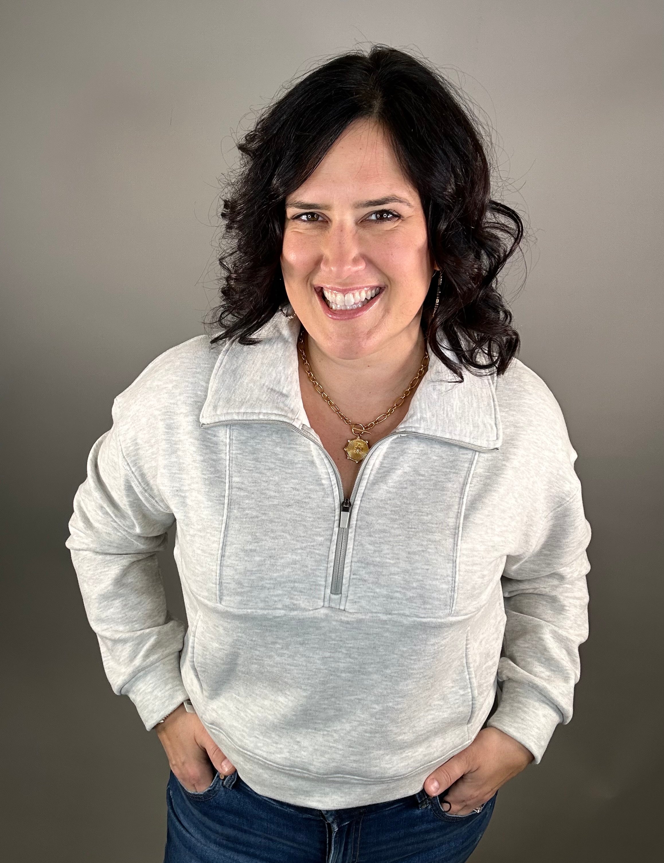 Heather Grey Plush 1/2 Zip Sweatshirt Top- Sweatshirts FLAG AND ANTHEM