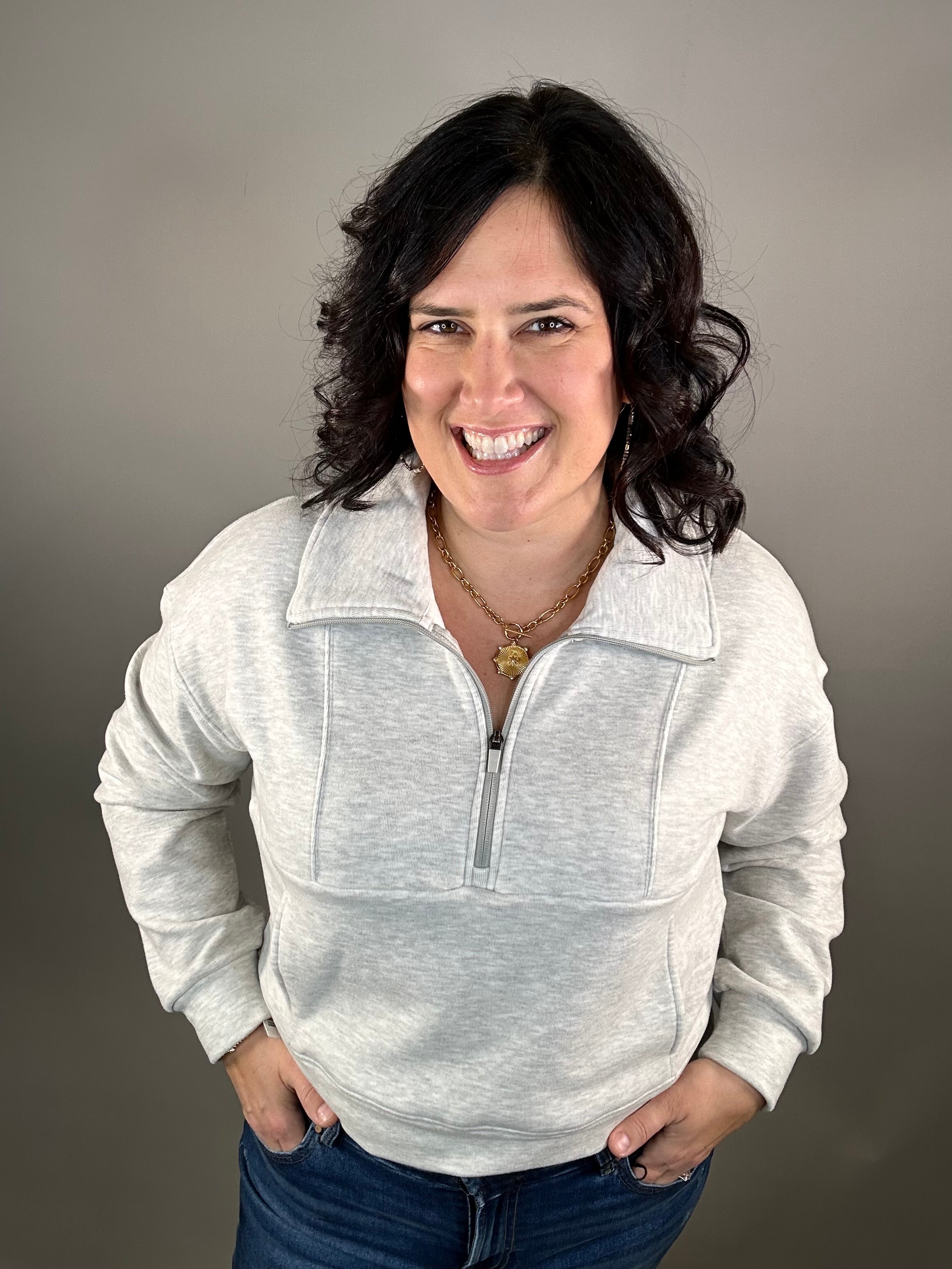 Heather Grey Plush 1/2 Zip Sweatshirt Top- Sweatshirts FLAG AND ANTHEM