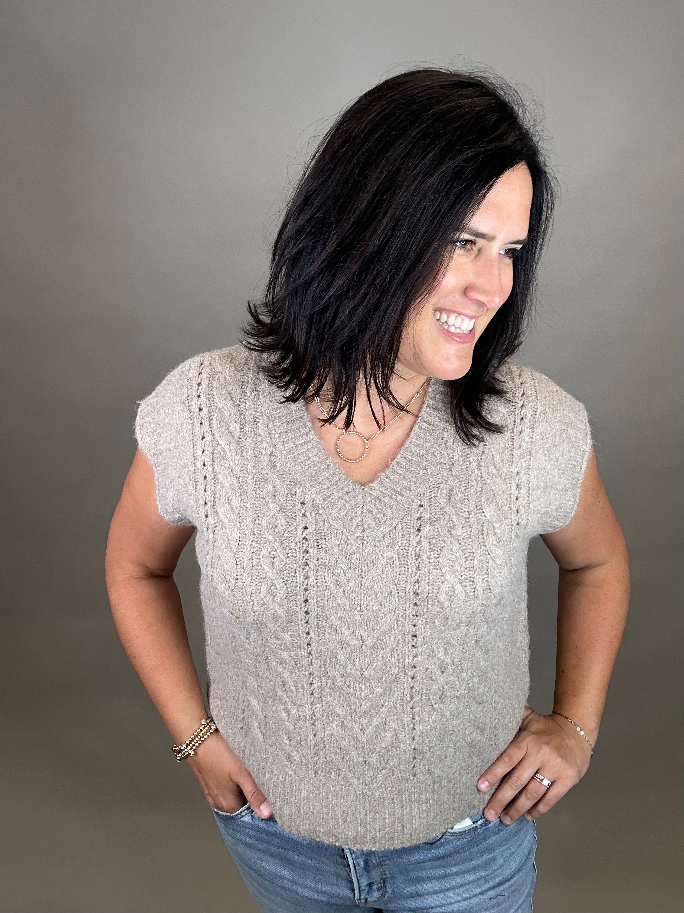 Mocha Cable Knit Vest Top Top - Sweater DOE & RAE